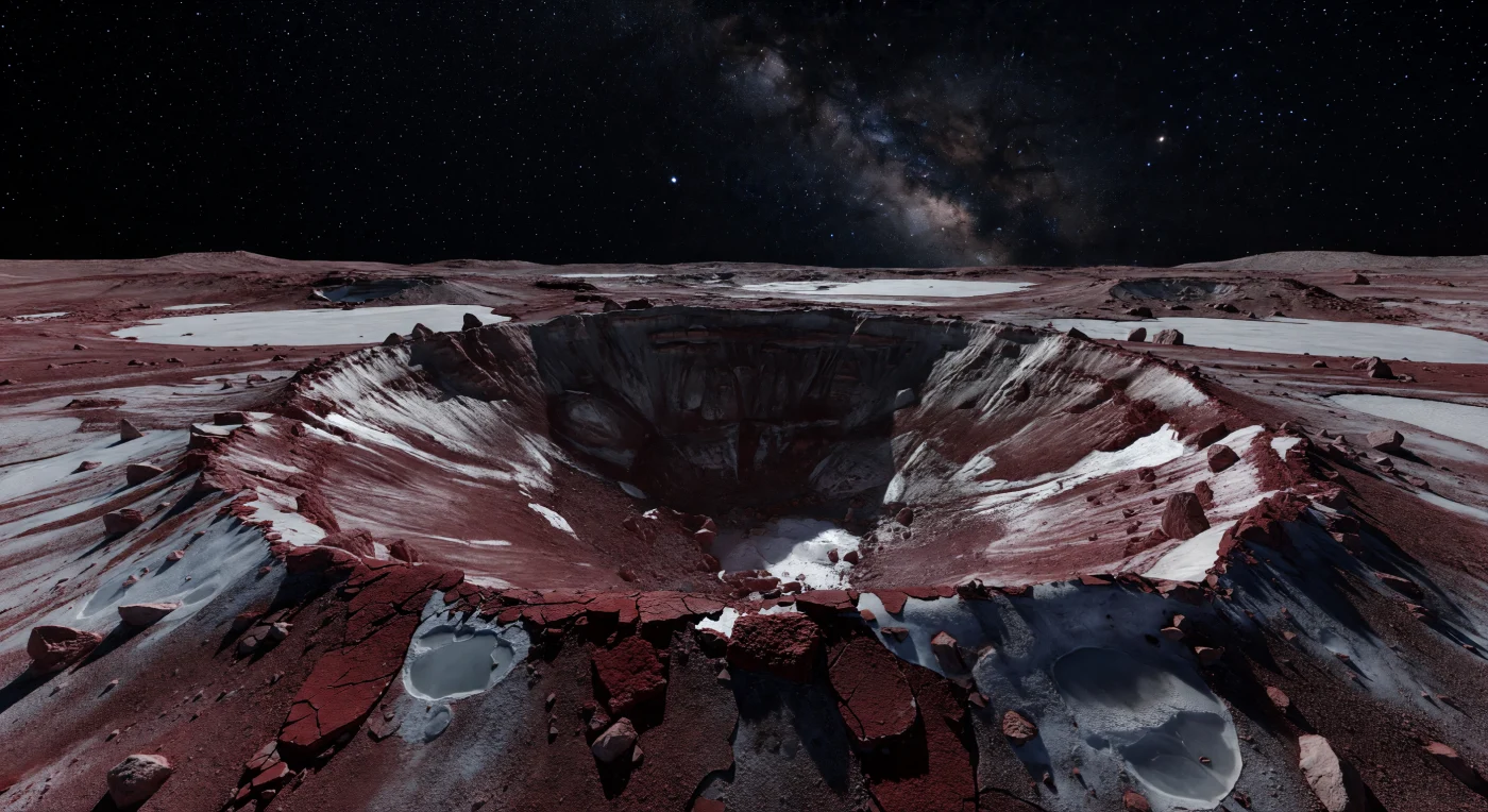 Depuis le rebord de ce jeune cratère d’impact, le sol sombre couleur lie-de-vin se fend en plaques cassantes et révèle, sous une mince croûte rouge d’organismes carbonés irradiés appelés tholins, des strates éclatantes de glace d’eau gris-blanc et des poches plus pures de glaces volatiles légèrement bleutées. Les parois abruptes du bassin, restées extraordinairement nettes dans une gravité très faible et sans atmosphère, montrent des terrasses, des cicatrices d’effondrement, des couloirs d’éboulis gelés et d’énormes blocs anguleux éparpillés sur de pâles nappes d’éjectas. Au-delà, de longues traînées d’éjectas s’étirent sur la plaine rouge sombre, préservées presque intactes pendant des milliards d’années par un froid extrême, l’absence totale d’érosion et l’immobilité d’un monde où seul l’impact remodèle encore la surface. Au-dessus de ce paysage figé, le ciel noir absolu déborde d’étoiles et de la Voie lactée, tandis que le Soleil, réduit à un point d’une intensité crue, projette une lumière faible mais dure qui creuse des ombres noires comme l’abîme et fait scintiller par endroits les glaces fraîchement mises à nu.