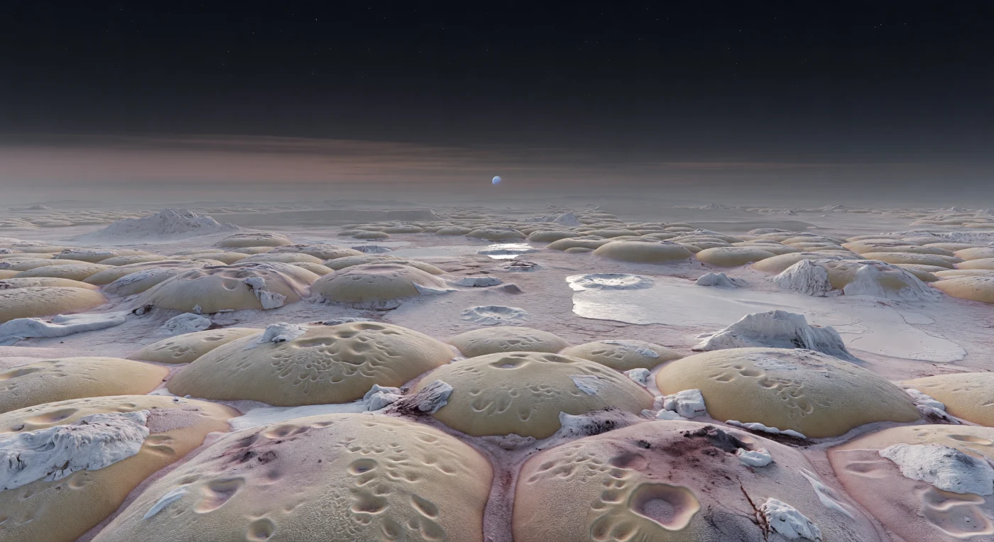 Sous une lumière crépusculaire presque irréelle, le sol se déploie en une mosaïque serrée de dômes arrondis beige clair à saumon ocré, séparés par des cuvettes peu profondes et des dépressions festonnées qui composent le célèbre « terrain en cantaloup », avec des cellules de 20 à 30 kilomètres de large s’étirant jusqu’aux hautes terres lointaines. À vos pieds, de minces placages de givre d’azote et de méthane poudrent la surface granuleuse, tandis que des affleurements de glace d’eau plus dure percent à travers les glaces volatiles plus lisses, piégant par endroits des traînées de poussière sombre rouge-brun à charbon dans les fonds des creux et révélant de fines craquelures sur les crêtes gelées. L’éclairage du Soleil, réduit à une étincelle froide près de l’horizon, projette des ombres lilas-gris longues et délicates, à peine adoucies par une atmosphère d’azote si ténue qu’elle ne laisse qu’une faible lueur rose sourde et ambrée au ras du paysage noir. Rien ne coule ici, rien ne dégèle : seulement un relief glacé, remodelé par les dépôts saisonniers, le cryovolcanisme et l’effacement lent des anciens impacts, dont l’immensité silencieuse paraît encore plus vaste sous la faible gravité et le ciel presque vide.