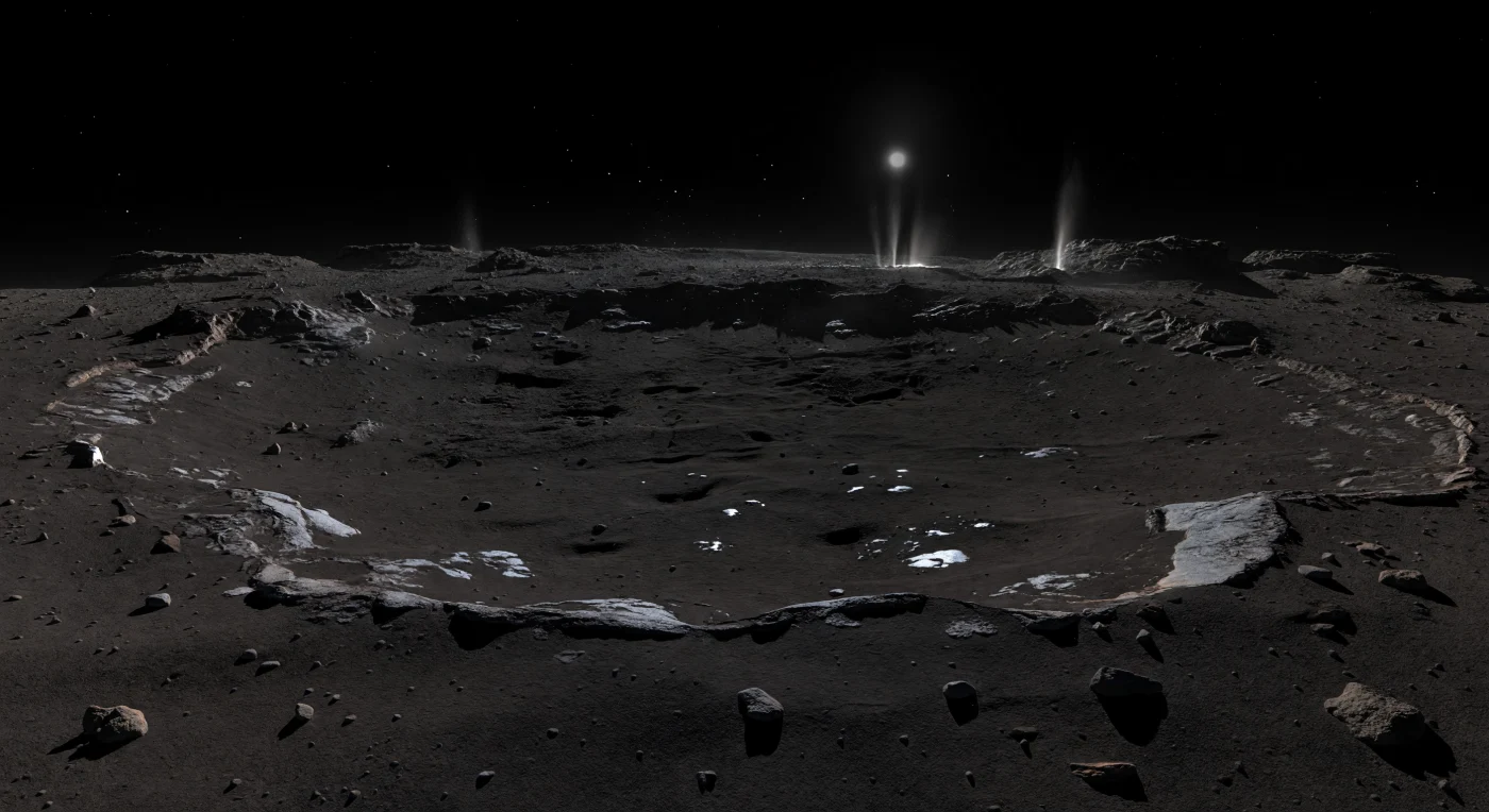 À hauteur du sol, le bassin équatorial s’étend comme une plaine de retombées d’un noir mat presque absorbant, semée de rares cailloux anguleux, de blocs épars et de faibles rides de poussière déposées puis à peine retenues par une gravité infime. La croûte sombre, riche en matières organiques et appauvrie en glaces volatiles par les passages répétés près du Soleil, se fissure par endroits et laisse apparaître, sur des escarpements ou dans de petites dépressions, des lueurs pâles de glace sale et des couches souterraines stratifiées. Sous un ciel de vide parfaitement noir, sans brume ni nuages, un Soleil plus petit qu’au-dessus de la Terre projette une lumière blanche et dure qui découpe des ombres d’une netteté implacable, tandis que l’horizon tout proche se cambre visiblement, rappelant la petitesse de ce monde. Au loin, de modestes rebords bosselés et des surplombs déchiquetés paraissent pourtant immenses, et de fines gerbes de gaz et de poussière s’élèvent de falaises éclairées, comme des souffles fantomatiques arrachés à une surface glacée en lente sublimation.