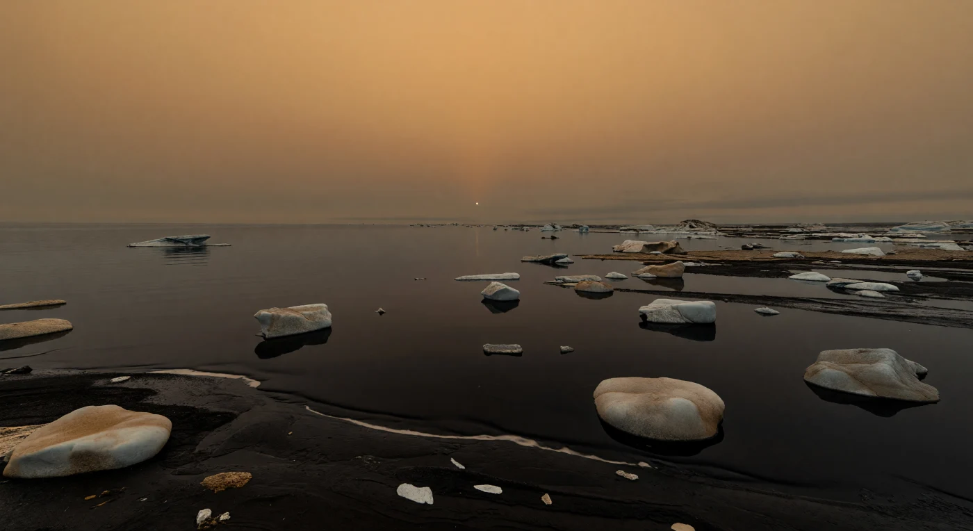 Au ras du rivage polaire, une grève sombre et doucement inclinée de sédiments détrempés, riches en hydrocarbures, est parsemée de blocs et galets de glace d’eau — ici plus durs que la roche — aux tons gris pâle et bleu sale, parfois poudrés de dépôts organiques brun-orangé. À son bord s’étend une mer presque noire, lisse comme un miroir, faite de méthane et d’éthane liquides, si calme que ses rares rides se perdent dans une brume ambrée où la côte opposée disparaît entièrement. Sous une atmosphère épaisse dominée par l’azote et chargée d’un voile photochimique, la lumière du Soleil, minuscule et réduite à une tache diffuse, baigne tout d’une lueur miel très atténuée, sans ombres nettes, tandis que de faibles bandes de brume ou de nuages de méthane flottent loin au-dessus de l’horizon. Le relief côtier, bas et effacé, les plaines gelées cimentées par les glaces et la gravité faible accentuent l’impression d’un monde immense, silencieux et étrangement familier, où le cycle des liquides existe bien, mais à près de 94 kelvins.