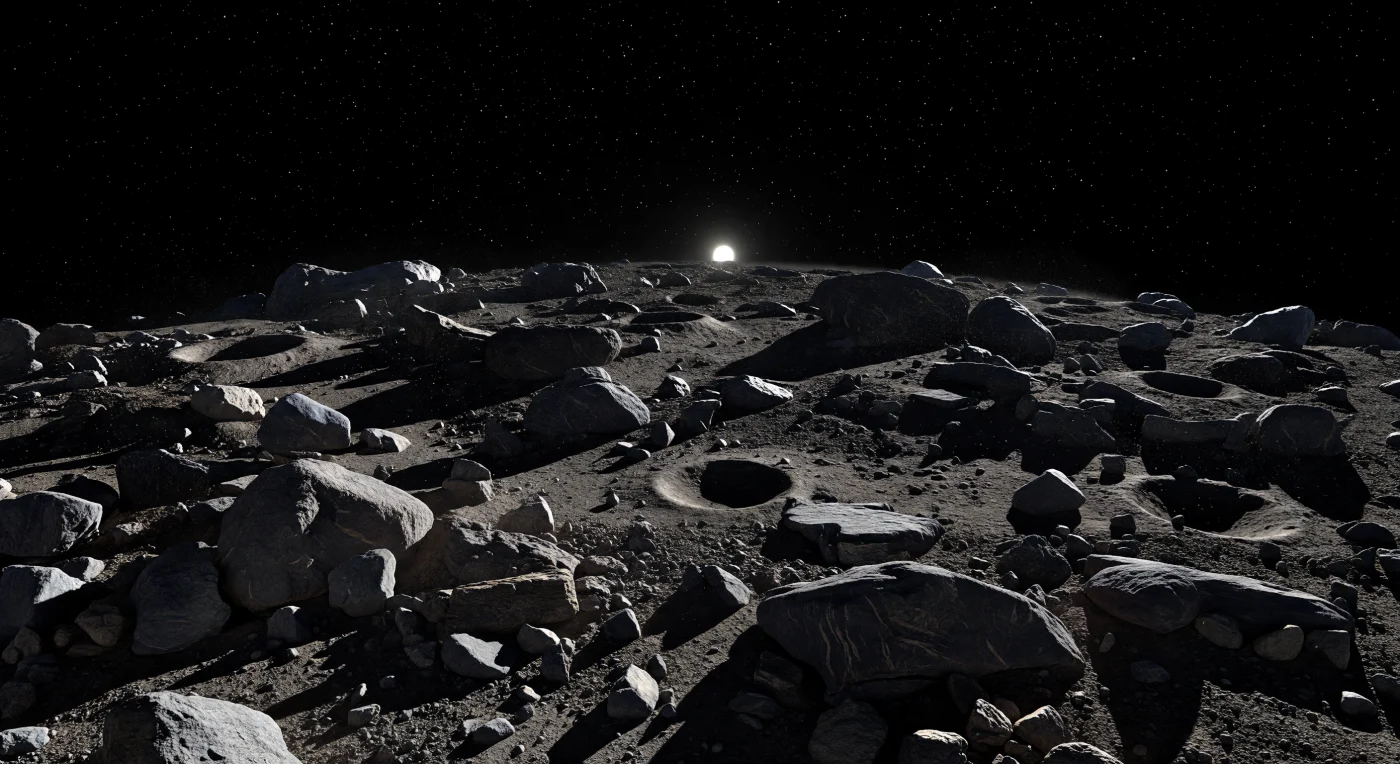 عند حدّ النهار، تمتد أمامك ساحة كثيفة من الصخور الداكنة والحواف الفوّهية الضحلة، حيث تقطع الظلال السوداء الطويلة السطح كشرائط حادة تحت قرص شمسي أبيض صغير يعلو أفقًا قريبًا شديد الانحناء في سماء تبقى سوداء تمامًا ومزدحمة بالنجوم. من هذا المنظور المنخفض تبدو الكتل الصخرية الزاويّة، والحصى الخشن، وجيوب الثرى الناعم المحبوسة بين الأنقاض وكأنها عالم مصغّر يتهاوى سريعًا نحو الأفق، في تذكير مباشر بأنك تقف على جسم صغير جدًا ضعيف الجاذبية لا على كوكب واسع. هذه الصخور كربونية فقيرة الانعكاس، بألوان الفحم والرمادي الأردوازي، وتظهر على بعض أسطحها عروق أفتح وتبقعات دقيقة تشير إلى معادن مميهة ومواد بدائية محفوظة منذ البدايات الأولى للنظام الشمسي، بينما تكشف الأنقاض المكدسة والحواف المنخفضة عن طبيعة السطح الركامية المفككة التي أعادت الدوران والاصطدامات ترتيبها. في هذا الفراغ الخالص بلا هواء ولا ضباب، يكون الضوء قاسيًا بلا تشتت، فتومض الوجوه المكسورة ببريق بارد وتبدو بعض الحبيبات الصغيرة كأنها ترتفع ببطء في قفزات بالستية وئيدة، مانحة المشهد سكونًا غريبًا ومهيبًا لا يشبه أي تضاريس مألوفة على الأرض.