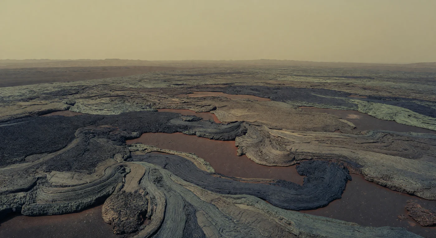 Devant vous s’étend une mosaïque immense de coulées de lave basaltique superposées, où des surfaces cordées plus lisses alternent avec des champs chaotiques de blocs sombres, striés de chenaux sinueux encaissés entre des levées naturelles hautes de plusieurs dizaines de mètres. De subtiles crêtes marquent les limites entre anciennes éruptions successives, révélant une histoire volcanique répétée que les observations radar ont permis de reconstituer, tandis qu’un dépôt chimique fin, altéré par une atmosphère corrosive riche en dioxyde de carbone et en composés soufrés, ternit les basaltes d’un voile granuleux. La lumière jaune grisâtre, parfaitement diffuse, efface presque toute ombre et aplatit le relief, si bien que le paysage semble se fondre dans une brume opaque après quelques kilomètres, comme si l’horizon lui-même avait disparu. Dans cette chaleur d’environ 460 °C et sous une pression écrasante, certaines coulées les plus sombres paraissent exhaler une lueur rougeâtre à peine perceptible, donnant à cette plaine volcanique l’allure silencieuse et irréelle d’une forge géante à ciel fermé.
