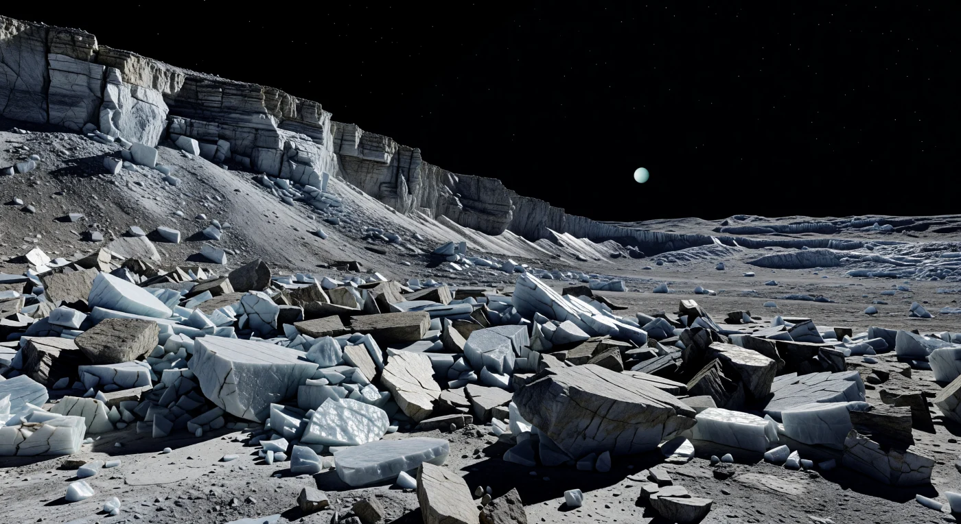Au pied d’un escarpement tectonique colossal, le sol semble s’être brisé en une mer de blocs anguleux de glace d’eau, certains hauts comme des maisons, épars sur un tapis plus sombre de débris rocheux carbonés et de régolithe fin. Les faces de fracture les plus récentes renvoient une lueur gris-blanc froide, tandis que les surfaces plus anciennes, assombries par le bombardement radiatif et l’accumulation de poussières, prennent des tons d’ardoise, de charbon et de beige glacé; au-dessus, la falaise fracturée s’élève si abruptement que sa partie supérieure se perd dans une ombre noire absolue, sans diffusion atmosphérique pour en adoucir les contours. Ce paysage en gravité faible et sous vide conserve des arêtes presque intactes, révélant une croûte mixte de glace et de matériaux rocheux anciennement disloquée par l’extension tectonique, avec au loin l’indice d’une vaste vallée de faille et de hauts plateaux criblés de cratères. Sous un minuscule Soleil blanc projetant une lumière dure aux ombres tranchantes, on a l’impression de se tenir dans les ruines gelées d’un monde immense, silencieux et figé depuis des éons.