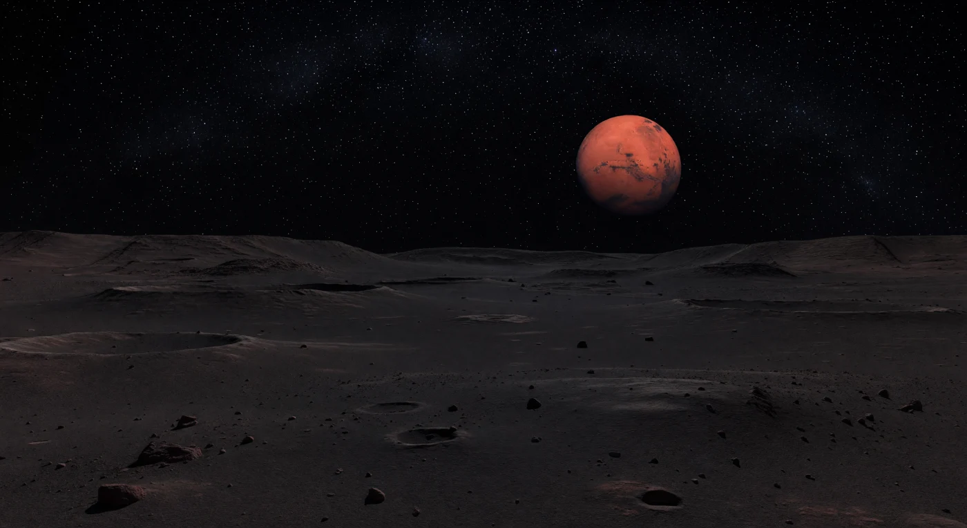 Sous un ciel d’un noir absolu, saturé d’étoiles nettes et traversé par la bande laiteuse de la Voie lactée, une vaste plaine de régolithe presque lisse s’étend à perte de vue, à peine révélée par une faible lueur rouge-orangé réfléchie depuis la grande planète suspendue, immobile, sur un bord du firmament. À vos pieds, quelques grains sombres, des cailloux et de rares blocs d’un à quelques mètres émergent d’une poussière carbonée très fine, tandis que de légères ondulations, de petites cuvettes d’impact et des rebords de cratères à demi ensevelis se fondent en bosses basses qui disparaissent dans l’obscurité. Cette surface ancienne, inerte et sans air est un manteau d’éjectas et de roche pulvérisée façonné presque exclusivement par les impacts, adouci au fil du temps par l’accumulation de débris dans une gravité si faible que le relief paraît émoussé, comme assourdi. La lumière indirecte, venue du disque gibbeux géant au-dessus de vous, crée des ombres à peine perceptibles et teinte les noirs et gris brunâtres d’un reflet rouille, donnant à ce minuscule monde l’apparence silencieuse et irréelle d’un rivage fossile flottant dans le vide.