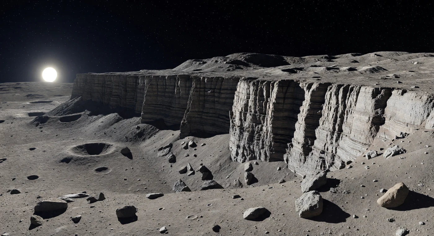 आपके सामने धूसर-भूरी महीन रेजोलिथ की गड्ढों से भरी समतल भूमि फैली है, जिस पर बिखरे कोणीय शैलखण्ड लंबी, स्याह परछाइयाँ डालते हुए उस विराट कगार की ओर ले जाते हैं जो अचानक लगभग सीधी दीवार की तरह कई किलोमीटर ऊपर उठ जाती है। इस प्राचीर के चेहरे पर क्षैतिज परतें और स्तंभाकार दरारें साफ़ झलकती हैं—ये उस प्राचीन संपीड़न का भूवैज्ञानिक प्रमाण हैं, जब भीतर से ठंडा होकर सिकुड़ती पर्पटी ने सतह को धकेलकर ऐसे thrust fault scarps बनाए। वायुमंडल के लगभग अभाव में सूर्य का प्रकाश बिना किसी बिखराव के सीधे चट्टानों पर पड़ता है, इसलिए प्रकाशित सतहें लगभग चकाचौंध सफेद लगती हैं जबकि छाया पूर्ण काली खाइयों जैसी दिखती है, और दिन के उजाले में भी आकाश शून्य की तरह काला बना रहता है। कगार की चोटी के पार दूर तक फैला ऊँचा, फिर से गड्ढों से छलनी पठार इस संसार की प्राचीन, हिंसक सतह-इतिहास और उसकी स्तब्ध, असाधारण विशालता का एहसास कराता है—मानो आप किसी जमे हुए भूवैज्ञानिक क्षण के सामने खड़े हों।