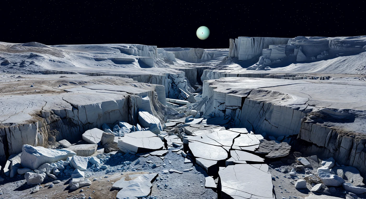 À la jonction de deux immenses fossés tectoniques, le sol ressemble à une mer figée en pleine rupture: de grandes dalles de glace d’eau durcie, basculées et fracassées, s’entassent parmi des éboulis chaotiques, des blocs affaissés et des crevasses d’un noir absolu que la lumière rasante n’atteint jamais. Les parois du canyon, découpées par des failles parallèles et des terrasses d’effondrement, révèlent une croûte glacée jadis remobilisée par la tectonique — et peut-être par des remontées cryovolcaniques — puis entièrement resolidifiée dans un froid extrême, tandis que les cassures fraîches brillent d’un blanc bleuté plus pur que les surfaces plus anciennes, ternies par l’irradiation et de faibles impuretés rocheuses ou carbonées. En l’absence presque totale d’atmosphère, le ciel demeure noir, les ombres sont interminables et tranchantes, et chaque arête surgit avec une netteté implacable sous un Soleil minuscule, pendant qu’un vaste disque cyan suspendu au-dessus des falaises verse une faible lueur glacée sur les pentes. Dans cette faible gravité, les escarpements paraissent démesurément hauts, les blocs effondrés prennent l’allure d’immeubles renversés, et l’on a l’impression de se tenir au cœur d’une planète de glace brisée, silencieuse et spectaculaire.