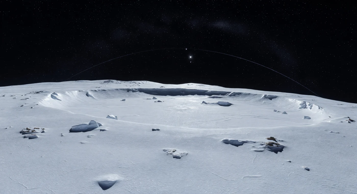 Au fond de cette vaste cuvette, le sol semble presque irréellement lisse : une croûte continue de givre de glace d’eau cristalline, frittée et finement grenue, renvoie la faible lumière lointaine avec un éclat blanc bleuté si intense qu’elle fait doucement luire tout le bassin. À vos pieds, seules de discrètes ondulations du régolithe glacé compacté, de fines jointures polygonales de frittage, quelques bosses givrées et de rares blocs anguleux à demi enfouis trahissent la complexité d’une surface figée vers 40 K, sculptée non par le vent ou l’eau — absents ici — mais par le lent jardinage des impacts et l’évolution thermique sur des milliards d’années. Plus loin, des escarpements glacés bas et des rides courbes marquent les bords de la dépression, tandis que l’horizon, étonnamment proche et nettement courbé sous la faible gravité et la forme allongée du monde, accentue l’étrangeté des lieux. Au-dessus, le ciel est un noir absolu de vide parfait, piqué d’étoiles visibles même en plein jour, parfois traversé par une mince arche pâle de l’anneau, tandis qu’un Soleil minuscule et dur découpe sous chaque relief des ombres d’une netteté tranchante dans un silence cosmique total.
