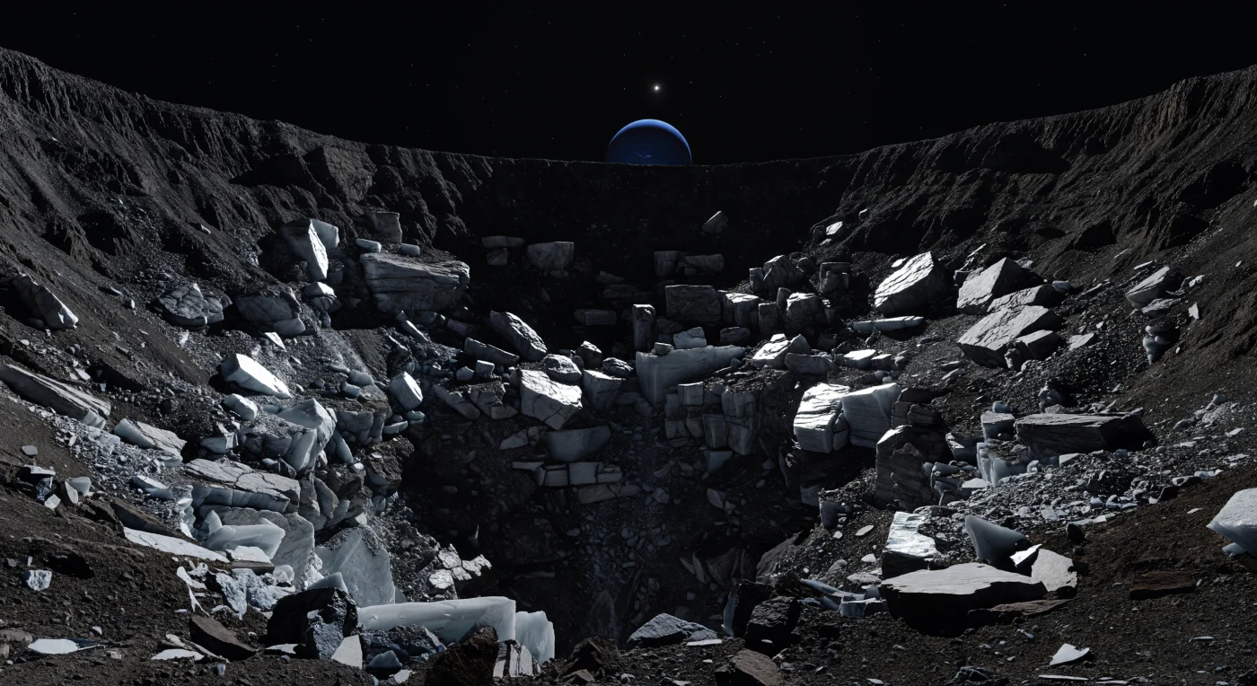 Au pied d’une paroi de cratère démesurément raide, un chaos de blocs anguleux de glace d’eau et de roches glacées, de la taille d’une maison à celle d’une falaise, s’effondre en talus vers un bassin noyé dans une obscurité totale, tandis que leurs cassures fraîches scintillent en bleu argenté sous une lumière rasante et impitoyable. Le sol, compact, poreux et noirci par l’altération spatiale, mêle régolithe brun-noir, poussière sombre et fragments glacés enchâssés, témoignage d’une petite lune très froide, lourdement cratérisée, composée d’un mélange de glace, de roche et de matériaux assombris par les micrométéorites. Dans ce vide sans air, le Soleil n’est qu’un point intense projetant des ombres d’une netteté absolue, et au-dessus du rebord lointain du cratère flotte un immense disque bleu, strié avec douceur, qui domine le ciel noir constellé d’étoiles visibles même en plein jour. Tout ici paraît à la fois intime et colossal : des monolithes perchés, des escarpements effondrés et des chenaux d’éboulis figés dans une faible gravité composent un paysage d’une austère beauté, où chaque arête tranchante semble suspendue au bord du silence.