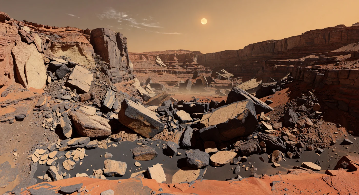Au fond du chasme, le sol semble avoir éclaté puis s’être figé dans le désordre : d’immenses mégablocs basculés, arrachés aux parois de basalte et de roches sédimentaires stratifiées, gisent parmi des langues bosselées de débris, des champs de brèches anguleuses et des nappes d’éboulis où le sable basaltique noir s’accumule dans les creux sous un saupoudrage de poussière rouge-orangé riche en oxydes de fer. Les escarpements périphériques, gigantesques et étagés, portent les cicatrices nettes d’effondrements anciens et de glissements de masse à grande échelle, sans trace d’eau liquide actuelle — seulement une morphologie de collapse à sec, sculptée par la gravité martienne plus faible, qui permet à ces formes abruptes et à ces falaises colossales de conserver des arêtes étonnamment vives. Sous un ciel allant du caramel au saumon pâle puis au brun gris assombri vers le zénith, un Soleil plus petit que vu depuis la Terre éclaire faiblement la scène de fin d’après-midi, projetant des ombres longues et tranchantes aux teintes légèrement bleutées. Une mince brume poussiéreuse stagne dans le bassin, adoucit les lointaines terrasses et donne à ce chaos minéral une profondeur saisissante, comme si l’on se tenait au pied d’un cataclysme ancien encore suspendu dans l’air froid et ténu.