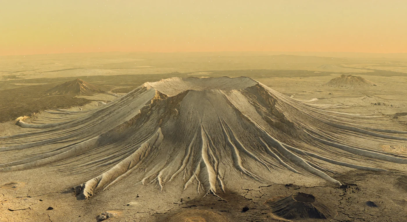 Devant vous s’élève un vaste volcan en dôme aplati, haut d’environ un à un kilomètre et demi, dont le sommet légèrement concave se prolonge en longues arêtes rayonnantes séparées par des vallées, comme les branches rigides d’une étoile minérale figée. Sa surface de basaltes gris pâle à gris sombre, à peine couverte d’un fin régolithe, prend ici des teintes beige grisâtre et ocre sous une lumière jaune diffuse d’environ 14 000 lux, sans ombres nettes, filtrée par une atmosphère si dense qu’elle efface entièrement l’horizon dans un mur de brume. Les marges lobées et les escarpements arqués révèlent d’anciens glissements de terrain, tandis que les fractures et les couches visibles sur les flancs témoignent de l’épanchement de laves très visqueuses sous une pression écrasante d’environ 93 bars. À vos pieds, les plaines de lave solidifiée, craquelées et massives, semblent encore vibrer de chaleur dans un air porté à près de 465 °C, donnant à ce paysage une présence silencieuse, oppressante et démesurée, comme si la roche elle-même ployait sous le poids du ciel.