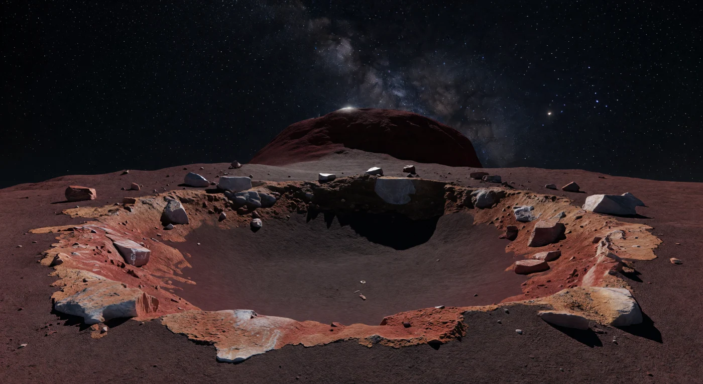 من داخل هذا المنخفض الضحل تبدو الأرضية كطبقة ناعمة قاتمة تميل إلى الأحمر الخمري، أشبه برديم دقيق الحبيبات استقر بهدوء عبر دهور طويلة، بينما تطوّقها حواف أكثر خشونة بلون الصدأ والمغرة، متشققة ومبعثرة عليها شظايا زاويّة وكتل صغيرة حادّة الحواف لم تمسّها تعرية هوائية قط. هنا لا غلاف جوياً يلين الضوء أو يملأ الظلال، لذلك يهبط أحد جوانب الجدار إلى سواد مطلق بحدود حادة كالسيف، كاشفاً قسوة الفراغ والبرودة التي تقارب 40 كلفن. الألوان الحمراء الداكنة تنبع على الأرجح من ثولينات، وهي مركبات عضوية معقّدة تغلّف ركيزة غنيّة بجليد الماء، فيما تحفظ الحفر الدقيقة والكسور الخافتة على السطح سجلاً شبه بدئي لمادة صمدت منذ تشكّل النظام الشمسي. وفوق الأفق القريب يرتفع الفص المقابل كجدار قرمزي هائل ومنحنٍ في سماء سوداء مرصّعة بنجوم حادّة ودرب تبانة متوهج، في مشهد يجعل صِغر هذا العالم وضعف جاذبيته محسوسين بقدر ما يجعلان المكان غريباً على نحو مذهل.