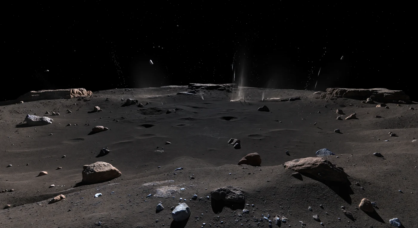 Devant vous s’étend une vaste plaine d’Imhotep, comme un étang de poussière figé, d’un noir charbon à brun gris mat si sombre qu’il absorbe presque la lumière, seulement animé par de douces ondulations, quelques dépressions peu profondes et de rares blocs anguleux épars. Sous un Soleil plus petit qu’au-dessus de la Terre, dans un ciel parfaitement noir sans la moindre brume, chaque relief projette une ombre tranchante, tandis que l’horizon, incroyablement proche et nettement courbé, rappelle la petitesse extrême de ce noyau cométaire de seulement quelques kilomètres. Le sol est un régolithe sec, très fin et riche en composés organiques, mêlé de débris granuleux et par endroits de minces croûtes, avec ici et là de minuscules éclats de glace sale dans les fissures ombrées — vestiges volatils d’un monde poreux qui s’érode lentement par sublimation. Au loin, au pied de scarps émoussés et de terrasses fracturées, de faibles jets de gaz et de poussière montent en filaments délicats, comme si la surface elle-même exhalait dans le vide, dans une gravité si faible que certains grains semblent flotter un instant avant de dériver vers l’espace.