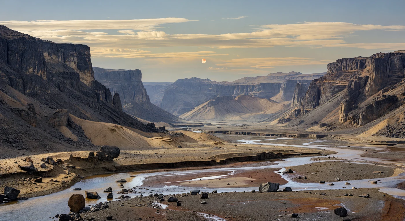 Depuis une terrasse de graviers au bord du fond de vallée, le regard se perd dans un vaste rift tectonique encadré par d’immenses escarpements sombres, hauts de plusieurs kilomètres, où affleurent des roches basaltiques et métamorphiques fracturées en corniches, couloirs d’éboulis et cicatrices de faille fraîches. À leurs pieds, de larges cônes d’effondrement ocre et sable s’étalent en nappes superposées, tandis qu’au centre, une rivière en tresses serpente entre bancs de limon pâle, galets arrondis, berges humides et dépôts ferrugineux, signe d’un paysage encore modelé par la subsidence, l’érosion et des écoulements intermittents ou durables. Sous une atmosphère probablement dense à légèrement plus épaisse que celle de la Terre, la lumière douce d’une petite étoile orangée, plus faible que notre Soleil, accentue le relief sans éblouir, réchauffant les nuages crème stratifiés et donnant aux eaux des reflets d’acier brunâtre plutôt qu’un bleu vif. La brume bleutée qui noie les lointains, la minceur apparente des chenaux face aux falaises colossales et la pesanteur suggérée des formes rocheuses donnent à l’ensemble une grandeur silencieuse, minérale et profondément étrangère.