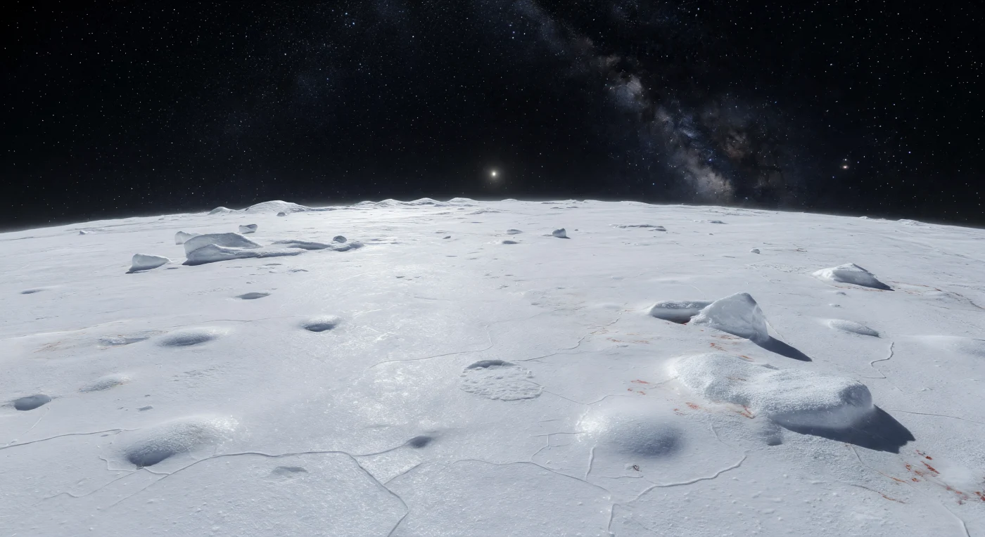À hauteur du sol, l’étendue polaire se déploie comme une mer figée de givre d’azote et de méthane, si éclatante qu’elle rehausse légèrement les ombres pourtant tranchantes sous le ciel noir du vide. La surface, d’un blanc presque aveuglant nuancé de reflets bleu glacé et argentés, paraît lisse à première vue, mais se révèle parcourue de fines fissures polygonales de contraction, de faibles bourrelets de pression, de petits mamelons arrondis, de cuvettes de sublimation et de rares blocs anguleux de glace d’eau poudrés de givre, avec ici ou là de discrètes traces rouge-brun de tholins anciennes emprisonnées dans la glace. À près de 40 K, sans air, sans brume et sans liquide, chaque texture demeure d’une netteté immuable, préservée pendant des milliards d’années dans un froid extrême où le Soleil n’est plus qu’un point incandescent lointain. L’horizon proche et doucement courbe accentue la petite échelle du monde, tandis qu’au-dessus de cette plaine lumineuse, les étoiles et la Voie lactée brillent avec une dureté saisissante, donnant l’impression de se tenir sur un désert gelé à la fois minuscule et cosmique.