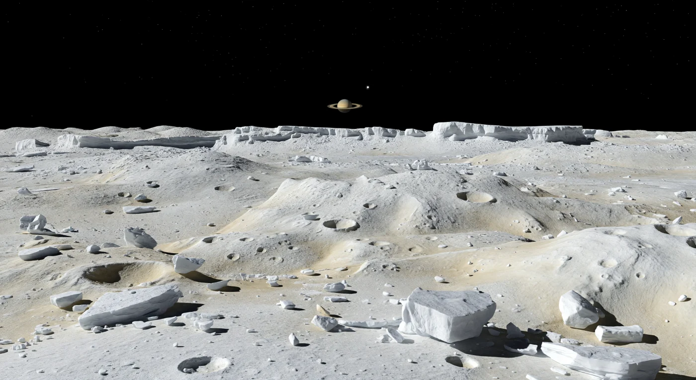 Davanti a te si estendono alture antichissime di ghiaccio, un paesaggio abbagliante di regolite bianca e crema pallido, croste butterate da micrometeoriti, blocchi angolosi d’acqua ghiacciata e affioramenti fratturati che emergono da una polvere gelida e secca. La debole gravità e l’assenza totale di atmosfera hanno conservato per ere rilievi netti, bordi di crateri ancora taglienti e coltri di ejecta ondulate, mentre la luce del Sole, lontano e minuscolo, cade fredda e dura producendo ombre nerissime e riflessi quasi metallici sulle superfici più fresche. Oltre i dossi craterizzati e le creste luminose che si perdono per chilometri, il cielo è un nero assoluto, senza foschia né nubi, e sopra l’orizzonte resta sospeso quasi immobile un enorme disco giallo-beige attraversato da anelli sottili e brillanti, chiaramente separati. È una scena di quiete estrema e scala vertiginosa: un deserto di ghiaccio nel vuoto, dove ogni roccia, ogni frattura e ogni cratere raccontano una storia geologica rimasta intatta per tempi quasi inconcepibili.