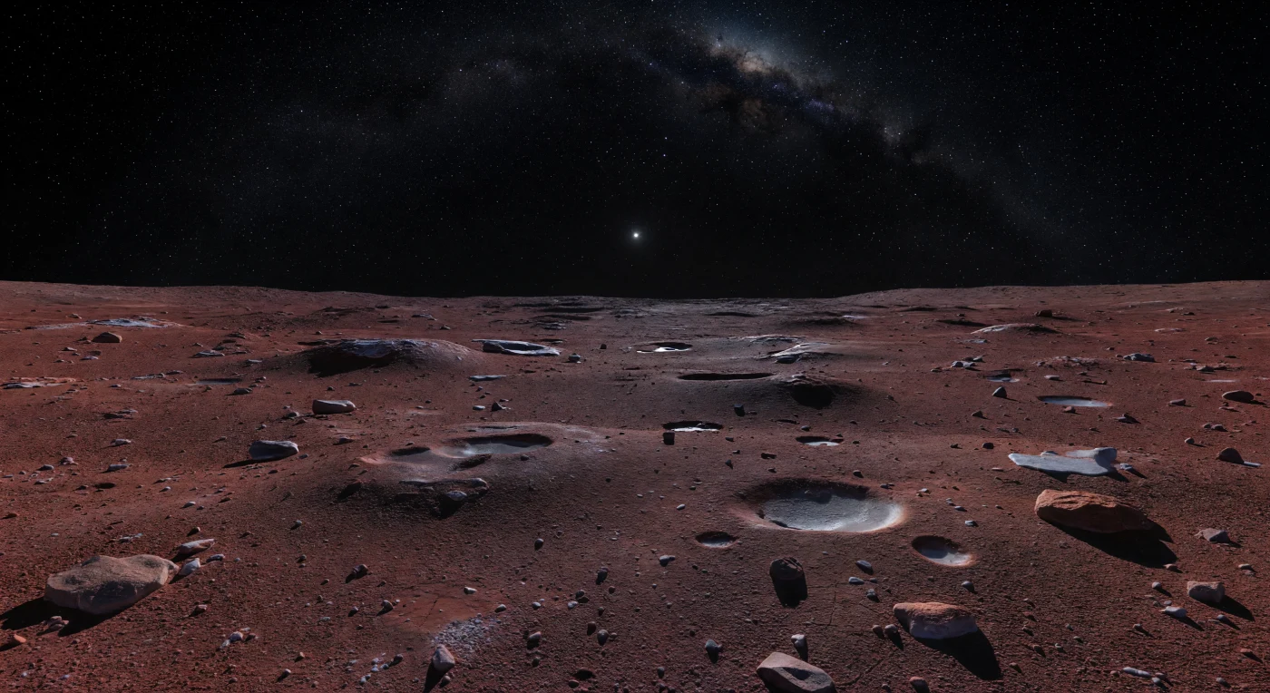 Devant vous s’étend une plaine équatoriale immense de régolithe gelé brun rouge sombre, couleur lie-de-vin et ombre, durci en croûte par des milliards d’années d’irradiation qui ont transformé sa surface en manteau riche en tholins, ces composés organiques complexes responsables des teintes les plus rouges du Système solaire. Le sol, presque intact depuis des âges immenses, n’est animé que par de faibles bosses, des graviers anguleux, de minces fissures polygonales dues au froid extrême et de petites cuvettes de sublimation où affleurent parfois, sur des parois fraîches, des glaces gris-blanc plus brillantes sous le vernis organique obscur. À cause de la faible gravité et de la petite taille du monde, l’horizon paraît étonnamment proche et doucement courbé, tandis qu’au-dessus s’ouvre un ciel noir absolu, sans air ni brume, constellé d’étoiles nettes et traversé par la Voie lactée même en plein jour. La lumière du Soleil, réduit à un point blanc intense, est si faible et si dure qu’elle projette sous chaque caillou et chaque rebord d’ombre des ténèbres tranchantes, accentuant le silence minéral, le vide et l’étrangeté saisissante de ce désert gelé.