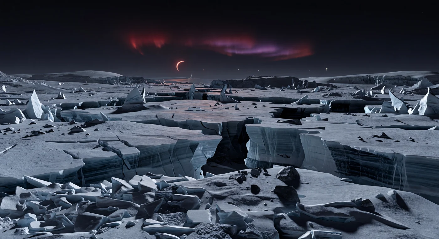 À hauteur d’homme, on se trouve au bord d’un dédale glaciaire immense où des séracs vertigineux, des crêtes de pression et des ponts de glace effondrés encadrent des crevasses si profondes qu’elles s’ouvrent sur un noir presque absolu. Les parois bleu acier et gris ardoise, polies par l’écoulement lent de la glace puis fracturées par les contraintes mécaniques d’une vaste calotte sur la face nocturne permanente, révèlent des strates anciennes, des bandes de poussière piégées et quelques éclats de roche basaltique sombre enchâssés dans la glace. Une atmosphère secondaire ténue à modérée adoucit légèrement l’horizon d’une brume froide, tandis qu’une grande planète voisine, suspendue bas dans le ciel en croissant rougeâtre, et des rideaux d’aurore rouge-violet teintent les corniches et les surplombs d’une lueur cramoisie irréelle. Sous une gravité un peu plus faible que celle de la Terre, les formes restent pourtant pleinement glaciaires et crédibles, mais leur extension continentale, le silence minéral et l’absence totale d’eau liquide ou de vie donnent à ce labyrinthe gelé une grandeur étrangère et menaçante.