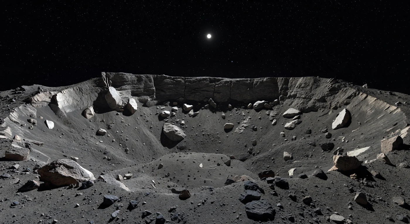 Au fond de ce cratère complexe, la terrasse d’affaissement s’étale comme un gradin effondré, couverte d’un régolithe basaltique anguleux, de poussière gris charbon et de blocs tranchants, tandis que des cônes d’éboulis en éventail débordent en lobes superposés depuis la base de la paroi. Au-dessus, la croûte différenciée, faite de basaltes refroidis très tôt dans l’histoire du Système solaire, se fracture en banquettes étagées, en escarpements plus pâles récemment mis à nu et en mégablocs instables de plusieurs dizaines de mètres, figés dans une chute ralentie par une gravité infime. Chaque détail raconte l’action combinée des impacts, qui ont excavé et brisé la roche, et des glissements internes qui ont fait s’affaisser la paroi en une architecture de terrasses, de fosses d’ombre noires comme l’encre et de petites cuvettes secondaires semant le sol. Sous un ciel de vide absolu, où les étoiles restent nettes à côté d’un Soleil plus petit et d’une blancheur implacable, la lumière découpe des ombres d’une dureté parfaite et la courbure toute proche de l’horizon rappelle que ces reliefs de 10 à 50 mètres sont ici de véritables montagnes miniatures dans un monde sec, sans air ni eau, suspendu dans un effondrement éternel.