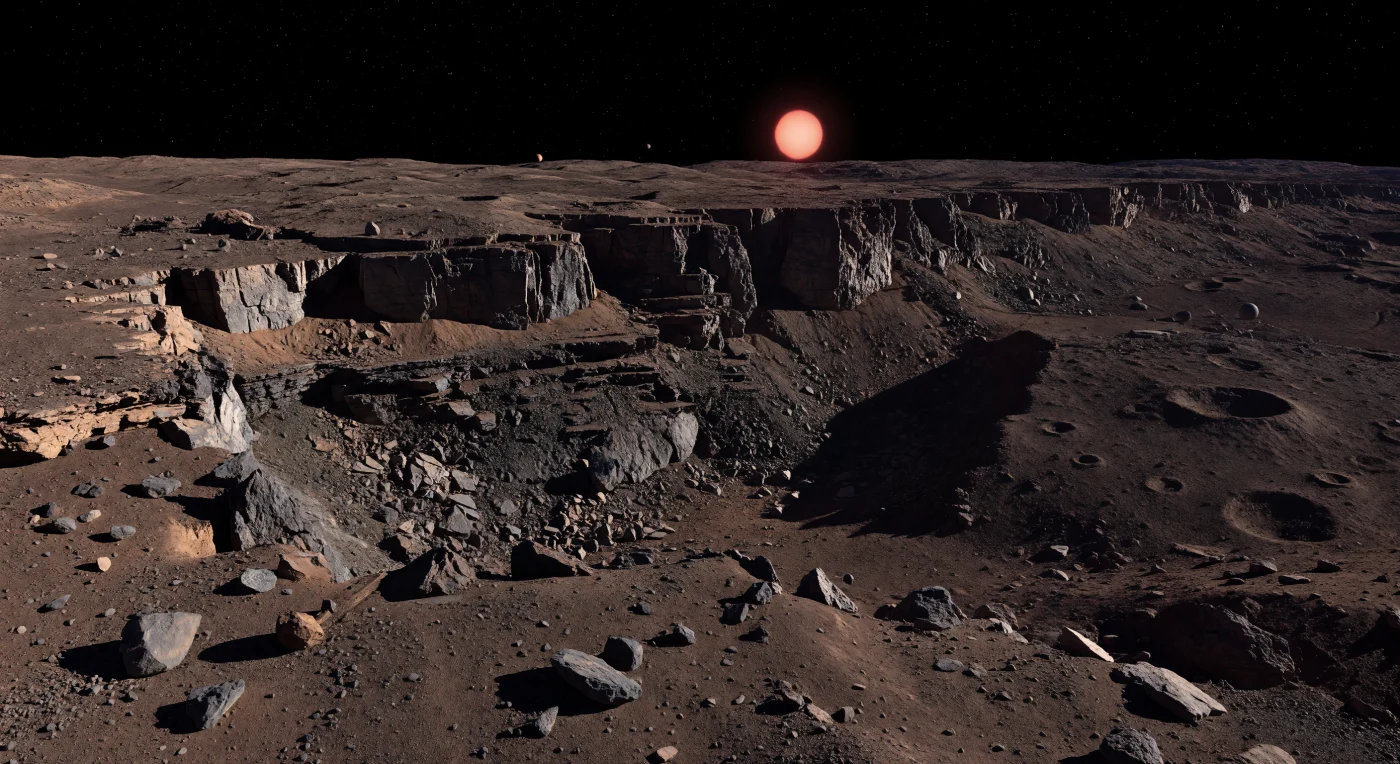 Sous un ciel d’un noir absolu, où quelques étoiles persistent malgré le jour, l’horizon est barré par un gigantesque escarpement de chevauchement, une falaise en gradins qui tranche les plaines criblées de cratères comme une cicatrice tectonique ouverte dans une croûte basaltique sombre. La lumière rouge cuivrée, figée près de l’horizon par la rotation synchrone de ce monde presque dépourvu d’atmosphère, allonge chaque relief et projette de l’escarpement une ombre triangulaire d’un noir tranchant, tandis que le sol de régolithe brun ferrugineux, de graviers volcaniques noirs, de dalles brisées et de blocs gros comme des maisons reste parfaitement immobile dans le vide. Les terrasses nettes, les ledges effondrés, les éventails d’éboulis anguleux et les couches mafiques mises à nu racontent une planète rocheuse contractée et fracturée, où failles compressives et impacts météoritiques ont sculpté un paysage brutal, sec et sans altération par l’eau ou le vent. Debout à sa base, on ressent l’échelle écrasante de cette muraille courant sur des kilomètres, baignée par le disque rougeâtre démesurément grand de son étoile, dans une lumière étrangère qui réduit le monde à des tons de charbon, de rouille et de métal brûlé.