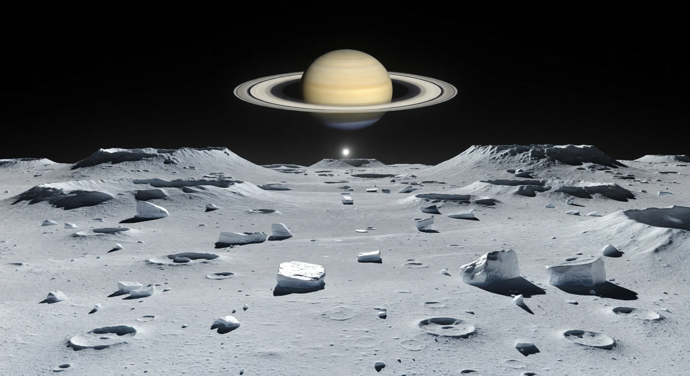 Depuis cette plaine basse tournée vers la géante, le sol s’étend en une poussière de glace compacte, ivoire à gris bleuté, semée de blocs anguleux, de petits cratères secondaires et de bourrelets d’éjecta qui trahissent des milliards d’années de bombardements. Dans ce monde sans air ni brume, façonné presque exclusivement par les impacts, la très faible gravité laisse aux rebords des cratères et aux pentes lointaines une netteté étonnamment abrupte, tandis que des cassures fraîches révèlent par endroits une glace d’eau plus pure, plus blanche et légèrement bleutée que les surfaces anciennes, ternies par des grains contaminés. Au-dessus de l’horizon bas, dont la courbure se devine à peine, l’immense disque annelé suspendu occupe une part démesurée du ciel noir absolu : ses bandes beige-or et ses anneaux glacés, finement striés et séparés par une mince division sombre, dominent la scène avec une échelle presque irréelle. La lumière du Soleil, dure et lointaine, découpe des ombres d’un noir total derrière chaque roche, mais une faible clarté réfléchie par la planète adoucit subtilement les versants qui lui font face, donnant à ce désert gelé une beauté froide, immobile et saisissante.