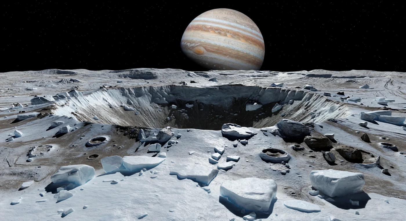 Depuis le bord net d’un cratère d’impact relativement jeune, le sol semble saupoudré d’une éclatante neige minérale : une couverture d’éjectas de glace d’eau presque pure, blanche avec une légère teinte cyan, drapée sur des blocs anguleux, des terrasses d’effondrement et des plaques de régolithe plus sombre, gris brun, riche en silicates. Dans la faible gravité, les pentes demeurent abruptes et la structure du cratère se lit avec une précision saisissante, jusque dans les fosses d’impacts secondaires, les fractures du rebord et les fines rainures du terrain ancien qui témoignent d’une croûte glacée travaillée à la fois par les collisions et par la tectonique. L’absence presque totale d’atmosphère plonge le paysage sous un ciel noir d’une limpidité absolue, où un Soleil plus petit qu’au-dessus de la Terre projette une lumière dure et des ombres tranchantes dans l’abîme intérieur, tandis que la glace brillante renvoie de froids reflets bleutés. Au-dessus de l’horizon, l’énorme disque strié de nuages crème et ocre domine la scène, si vaste qu’il écrase l’échelle déjà vertigineuse des blocs hauts comme des maisons et des segments lointains du rempart qui s’effacent dans l’immensité gelée.