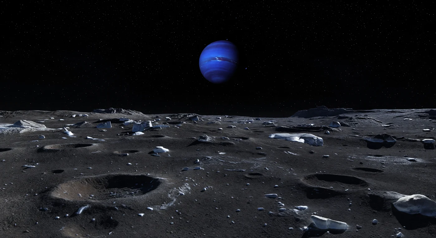 Sous un ciel noir saturé d’étoiles, une vaste plaine doucement ondulée s’étire jusqu’à un horizon irrégulier, couverte d’un régolithe gris anthracite presque noir, piqueté de blocs de glace anguleux, de graviers grossiers et de cratères peu profonds aux rebords émoussés par des éternités de micrométéorites. La seule lumière vient de l’énorme disque cobalt de la planète voisine, strié de nuages pâles, dont l’éclat bleuté baigne le sol d’une lueur spectrale et projette des ombres très douces mais nettes dans le vide absolu. Ici, la surface est un mélange ancien de glace d’eau souillée, de roche et de matériaux riches en carbone, parfois entaillé par de petites cicatrices d’impact où affleurent des éclats de glace plus claire; les faibles bosses et les lointaines murailles de cratères rappellent qu’il s’agit d’un monde glacé, peu massif, resté irrégulier au lieu de devenir sphérique. Sans air, sans brume, sans givre flottant ni aucun signe de météo, le paysage paraît figé hors du temps, immense et silencieux, comme si l’on se tenait sur les débris gelés d’une histoire collisionnelle préservée depuis l’aube du Système solaire.