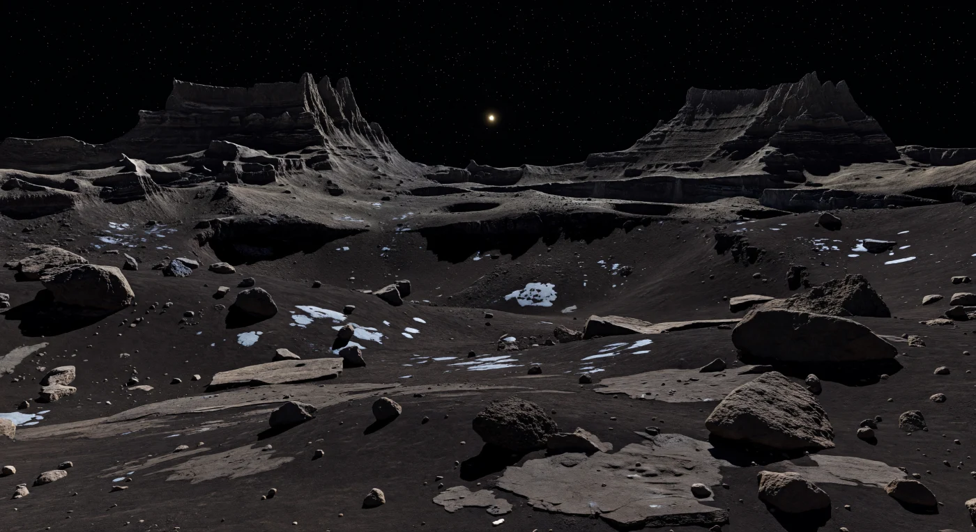 À hauteur du sol, on découvre un bassin silencieux recouvert d’une croûte poussiéreuse presque noire, plus sombre que le charbon, où des dalles fracturées, un régolithe granuleux et des blocs anguleux s’étendent jusqu’à des mesas abruptes, des pinacles effilés et des puits profonds noyés d’ombre. La faible lumière d’un Soleil lointain, réduit à un point dur et pâle, éclaire la scène sans aucune diffusion : dans le vide absolu, sans atmosphère, sans brume ni jets actifs, chaque arête reste d’une netteté tranchante et les ombres tombent noires comme de l’encre. Les parois des falaises et des dépressions révèlent par endroits des couches alternées de matériau réfractaire sombre, riche en poussières organiques, et de glace plus claire, avec quelques plaques de givre sale qui luisent faiblement dans les recoins en ombre permanente. Sous ce ciel parfaitement noir constellé d’étoiles visibles en plein jour, l’extrême faiblesse de la gravité se lit dans ces reliefs démesurés aux bords presque fragiles, où des mesas de centaines de mètres dominent un avant-plan de cailloux minuscules dans une immobilité totale.