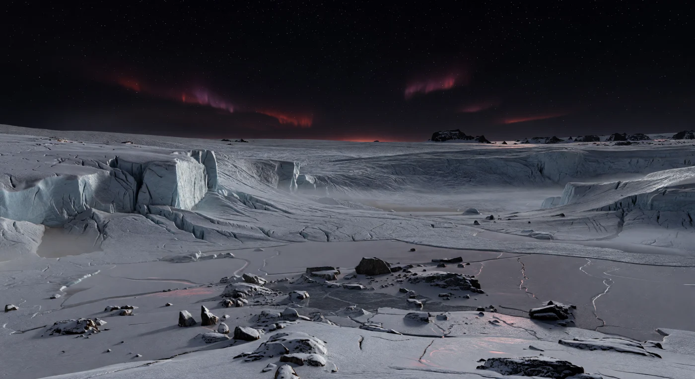 Voor je strekt zich een bekken uit op continentale schaal: een eindeloze vlakte van grijswit waterijs en samengeperste sneeuw, doorsneden door blauwige scheurbanden en lange, door aanhoudende katabatische winden uitgeslepen sastrugi, terwijl donkere basaltblokken en hoekig puin als kleine, rijpbedekte uitstulpingen uit de bevroren bodem steken. In de verte storten kolossale gletsjerwanden en gebroken ijsescarpementen af naar een enorme kom die wegvloeit in de duisternis, met zwarte nunataks en gekartelde bergruggen half begraven onder het ijs, wat de schaal van deze zware superaardse wereld bijna onwerkelijk maakt. Boven dit stille landschap hangt een dichte, stikstofrijke nachtatmosfeer onder een bijna zwarte maar sterrenrijke hemel, waar slechts een zwakke rood-oranje gloed langs de horizon verraadt dat aan de verre rand permanent schemerlicht heerst; ijle ijsmist kruipt laag over de vlakte en roodviolette poollichten golven zacht door de lucht, waarschijnlijk opgewekt door energierijke deeltjes van de actieve rode dwerg. Het licht is nauwelijks meer dan een fluistering — koud blauwzwart over het ijs, met een subtiele karmijnrode rand langs richels en een aurorale glans op gepolijste oppervlakken — zodat elke richel, spleet en vorstkorrel voelt alsof je aan de rand van een bevroren, buitenaards continent staat dat nooit de dageraad ziet.