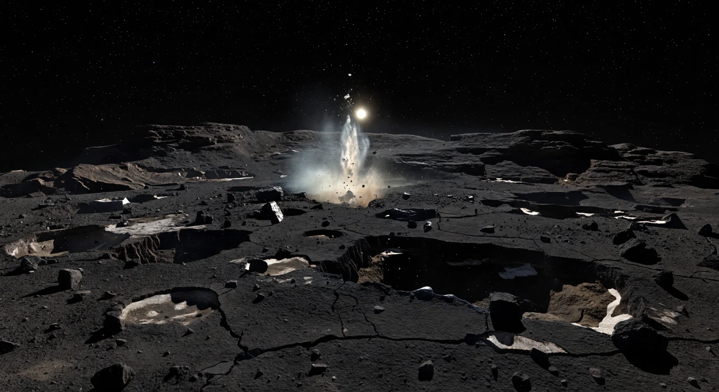 Depuis ce plateau surélevé, la surface apparaît comme une croûte extrêmement sombre, noir mat et riche en composés organiques, plus noire que le charbon, craquelée de fissures aiguës, de petites cuvettes d’effondrement et de corniches fracturées où affleurent par endroits des plaques de glace sale gris blanchâtre. D’une fracture exposée au Soleil jaillit un jet étroit et brillant de gaz en sublimation, entraînant des grains beige pâle, des particules glacées et des fragments plus sombres qui semblent flotter presque immobiles dans la gravité infime de ce noyau minuscule et très poreux. L’horizon, tout proche et nettement courbé, révèle l’échelle réduite de ce monde irrégulier, modelé par des falaises abruptes, des dépressions larges et des surplombs fragiles sculptés par l’activité cométaire plutôt que par l’érosion atmosphérique, absente ici. Sous un ciel noir absolu semé d’étoiles, sans air pour adoucir la lumière, le Soleil paraît plus grand que vu depuis la Terre et projette des ombres d’une dureté extrême, tandis que le panache poussiéreux luit comme une fontaine pâle dans le vide.