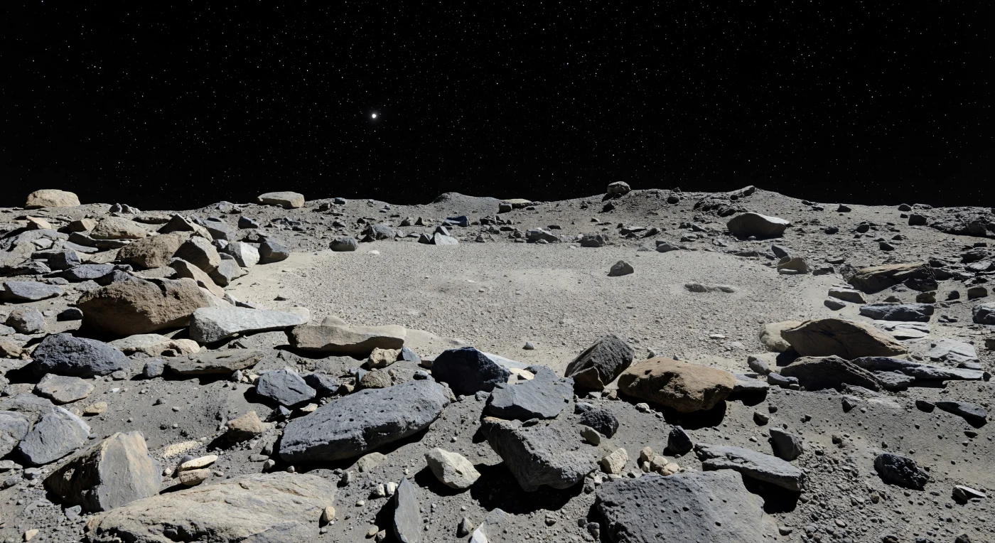 À vos pieds, un chaos de blocs anguleux gris foncé à brun grisâtre, de dalles fracturées et de graviers pierreux cède en quelques mètres seulement à une nappe bien plus claire de régolithe fin, comme une petite mer immobile de poussière et de gravillons compacts. Cette frontière exceptionnellement nette révèle l’un des effets les plus spectaculaires de la microgravité sur un astéroïde-pile de décombres : le tri des particules, où les gros éléments restent piégés au bord tandis que les grains plus fins migrent et s’accumulent dans les zones lisses, sur un sol silicaté de type chondritique marqué par l’altération spatiale, de minuscules cratères et des faces rocheuses piquetées. Sous un Soleil bas et dur, sans air pour adoucir la lumière, chaque ombre est d’un noir absolu et souligne à la fois l’arête vive des rochers et les délicates ondulations du dépôt fin. L’horizon, incroyablement proche et déjà courbé, fait basculer le paysage dans l’étrange : quelques reliefs de seulement quelques dizaines de mètres semblent dominer un monde entier qui se dérobe presque aussitôt dans le vide noir constellé d’étoiles.