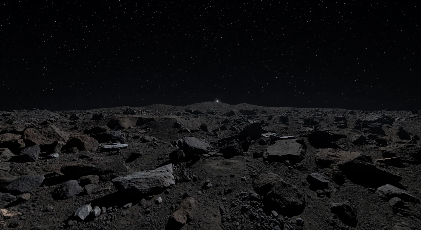 Sous la lumière des étoiles, le sol apparaît comme un chaos de blocs anguleux presque noirs, de graviers grossiers et de poussière piégée entre les clastes, avec ici ou là des dalles de roche mère et de minuscules cratères à peine devinés dans une pénombre absolue. Une très faible lueur gris acier, renvoyée par des terrains lointains encore éclairés, souligne seulement l’arête de quelques pierres, tandis que le reste disparaît dans un noir tranchant que seule l’absence totale d’atmosphère peut produire. Le ciel, vide parfait sans brume ni diffusion, est saturé d’étoiles nettes et immobiles, et l’horizon, tout proche, se courbe rapidement derrière de modestes rides et bords de cratères — rappel saisissant que ce monde carboné, riche en minéraux hydratés et en matière primitive, n’est qu’un fragile amas de débris de moins d’un kilomètre, maintenu par une gravité infime. On a l’impression de se tenir sur les ruines intactes des origines du Système solaire, dans un silence si profond que chaque roche semble flotter au bord du vide.