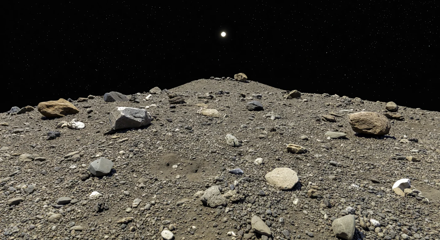 À ras du sol, la pente semble n’être qu’un tapis de graviers gris, beige et olive fauve, triés avec une finesse étonnante entre éclats anguleux, poussière tassée et quelques blocs plus gros posés en équilibre précaire, chacun découpé par une ombre noire et tranchante sous un Soleil cru dans un ciel parfaitement noir. Ce tri délicat du régolithe révèle un petit monde rocheux de type S, fait de matériaux chondritiques riches en silicates, où l’altération spatiale assombrit certains fragments tandis que de minuscules paillettes plus claires accrochent la lumière. Ici, la gravité extrêmement faible d’un astéroïde-puzzle très poreux laisse les cailloux migrer lentement et s’accumuler en « mers » de fines particules qui rejoignent plus haut un terrain plus rugueux et plus riche en blocs, ponctué de micro-dépressions et d’affleurements fracturés. L’horizon, si proche et déjà courbé, fait paraître une simple butte haute de quelques dizaines de mètres comme une montagne suspendue au bord du vide, donnant à cette pente de gravats familière une étrangeté saisissante.