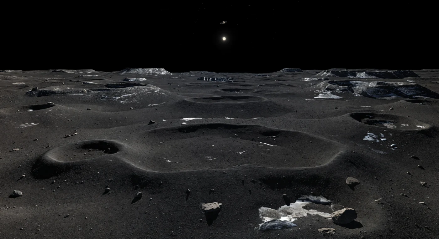 Devant vous s’étend une vaste plaine équatoriale bosselée, où d’antiques cratères émoussés se chevauchent dans un manteau de régolithe compact noir charbon, mêlé de débris rocheux et de matériaux riches en glace. Sous une lumière solaire minuscule mais d’une dureté implacable, les reliefs arrondis, les lèvres de cratères à demi enfouies, les blocs sombres épars et quelques taches pâles révèlent un paysage façonné presque uniquement par les impacts, puis lentement remanié par un inlassable « jardinage » météoritique au fil de temps immenses. Par endroits, des cicatrices plus fraîches et des pentes effondrées exposent une glace d’eau gris-blanc à bleutée qui tranche avec la surface primitive, très sombre et pauvre en réflectivité, tandis que l’extrême faiblesse de la gravité permet à des escarpements étonnamment raides de subsister sur ce petit monde irrégulier. Au-dessus, le ciel est un noir absolu de vide sans air, aux ombres nettes comme des lames, et l’horizon lointain — brisé par de basses chaînes de cratères et de faibles dépressions circulaires — donne l’impression saisissante de se tenir sur un vestige presque intact des premiers âges du Système solaire.