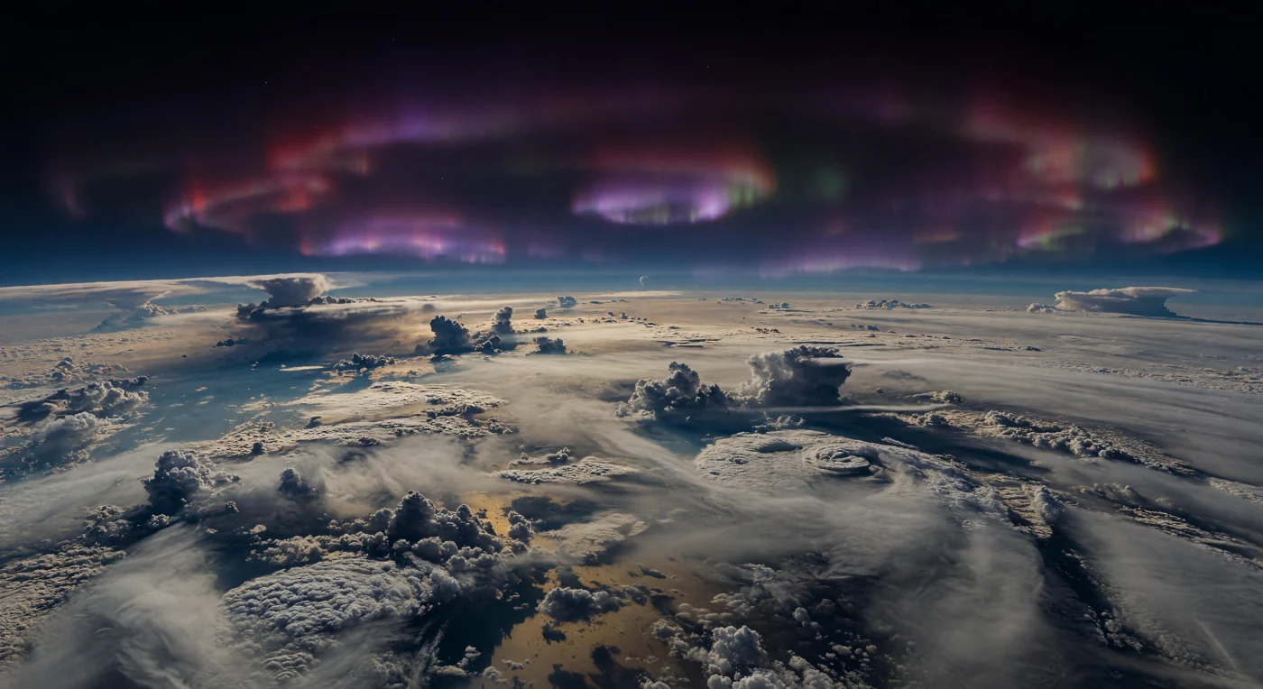 Sous un ciel noir d’encre tirant vers l’indigo, l’horizon n’est qu’un océan de nuages d’ammoniac gelé, une vaste topographie fluide de crêtes cisaillées, de cellules turbulentes, de gouffres sombres et d’enclumes convectives s’élevant sur des kilomètres, sans la moindre terre ferme nulle part. Au-dessus, des aurores polaires violettes, pourpres et parfois teintées d’un vert discret ondulent en rideaux et en arcs, produites par l’interaction de particules énergétiques avec la haute atmosphère et guidées par le champ magnétique colossal de la géante gazeuse; leur lumière froide se diffracte dans les brumes photochimiques bleu-gris et se reflète faiblement sur les plaines nuageuses sur des centaines de kilomètres. Les trouées les plus claires laissent paraître quelques étoiles et peut-être le point vif d’une lune lointaine, minuscule repère dans cette immensité où les vents extrêmes et les vortex polaires sculptent sans cesse la matière même du paysage. Ici, le “sol” est vivant, pure atmosphère stratifiée de gaz et d’aérosols, suspendue au-dessus de couches plus profondes teintées d’ocre brun, et l’on a l’impression vertigineuse de flotter au bord d’un monde nocturne infini.