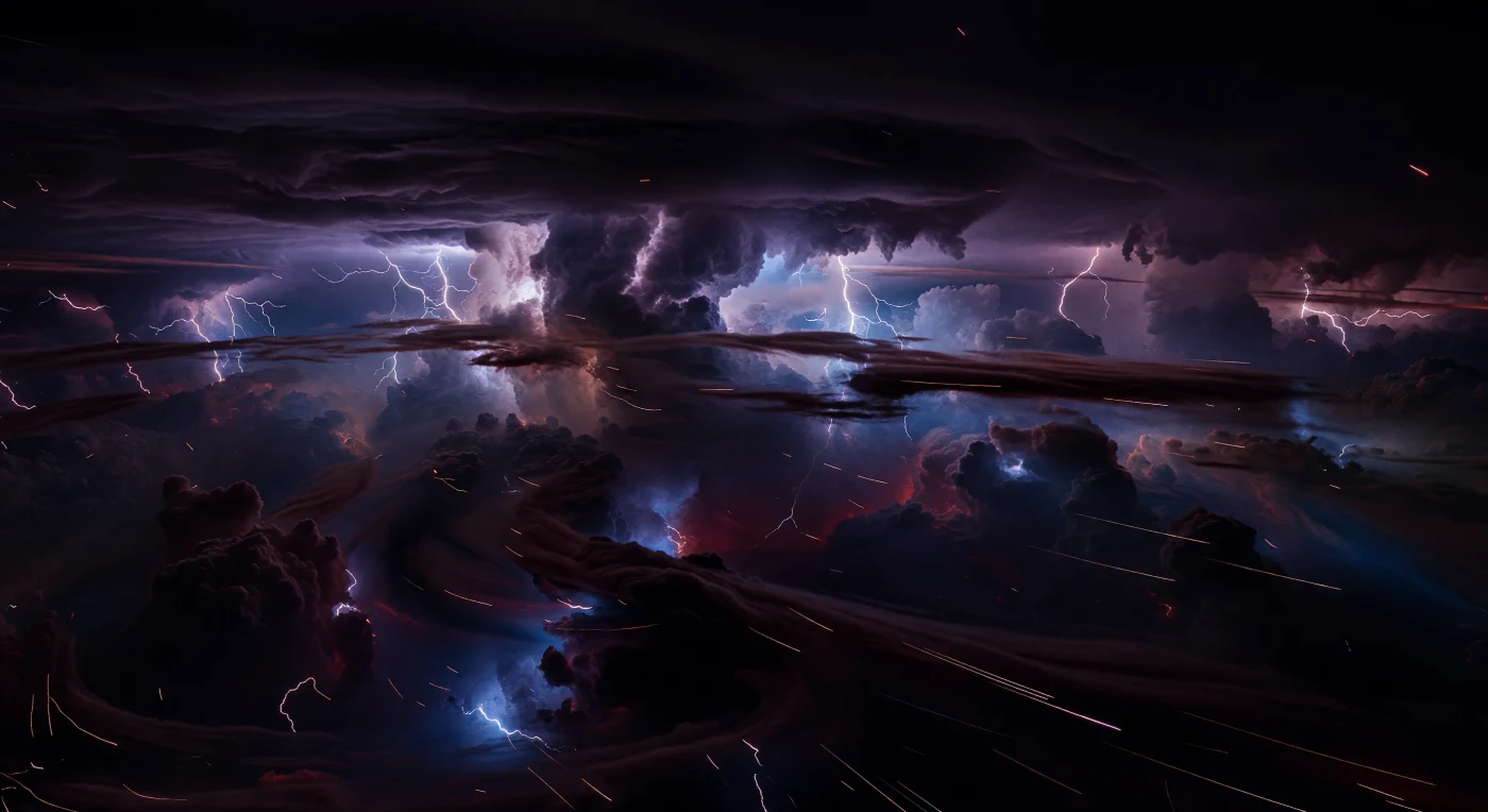 Sous vous s’étend non pas un sol, mais un océan d’atmosphère écrasante, où des couches de brume silicatée noir-violet, bordeaux sombre et bleu cobalt plongent dans une obscurité sans fond. D’immenses colonnes orageuses minérales et des enclumes nuageuses hautes de centaines de kilomètres surgissent de ce gouffre, révélées par instants par des éclairs bleu-blanc qui lacèrent la nuit permanente, tandis qu’une faible lueur thermique rougeoyante suinte des profondeurs chauffées à plus d’un millier de kelvins. Ici, sur un géant gazeux dépourvu de surface solide, les vents supersoniques sculptent des canyons de nuages, des bandes de cisaillement et des murs de vortex, tout en projetant presque à l’horizontale une pluie de silicates fondus, visible comme de fines aiguilles de verre orange terne et blanc. Dans les brefs flashs électriques, les aérosols chauds et les particules minérales diffusent une lueur cobalt irréelle, donnant à cette immensité obscure l’allure d’un abîme vivant, où la météorologie elle-même remplace le paysage.