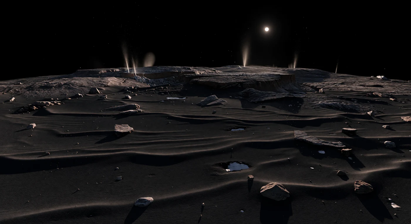 Devant vous s’étend une plaine de dépôt presque noire, plus sombre que le charbon, striée de rides parallèles semblables à de petites dunes dont les crêtes basses captent une lumière rasante bronze-gris tandis que les creux se noient dans des bandes d’ombre d’une netteté absolue. Ici, ces ondulations ne sont pas sculptées par le vent — il n’y a pas d’air — mais par le transport de grains soulevés par les gaz de sublimation dans une gravité si faible que poussières et minuscules cailloux peuvent dériver au-dessus du sol en lents arcs. Entre les rides affleurent des blocs anguleux, des dalles fracturées, de petites cassures et, dans quelques recoins froids, de rares taches claires de glace d’eau souillée; plus loin, le terrain devient stratifié, fendu de fractures, de dépressions d’effondrement et de falaises abruptes d’où peuvent jaillir de minces panaches pâles. Sous un ciel de vide parfaitement noir, sans brume ni diffusion, l’horizon minuscule et courbe rappelle à quel point ce monde est petit, fragile et actif, comme si l’on se tenait sur une poussière gelée au bord même de l’espace.