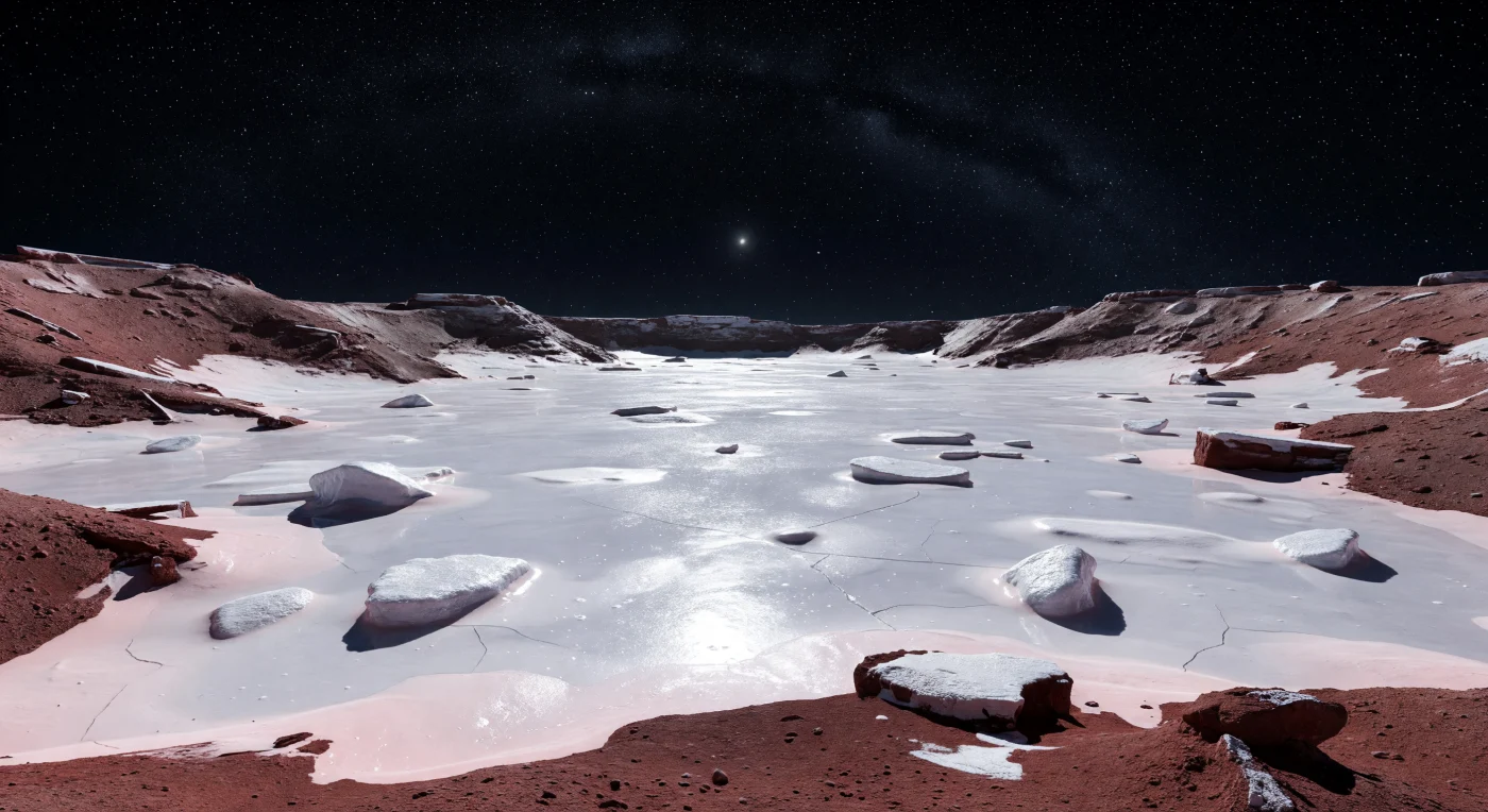 Au fond de cette vaste cuvette, le sol semble coulé en métal pâle : une plaine de givre presque lisse, d’un blanc argenté éblouissant, où dominent les glaces de méthane, ponctuées de zones plus brillantes probablement enrichies en azote et bordées d’une légère teinte rosée là où le dépôt s’amincit vers les terrains plus sombres. À vos pieds, de fines fissures polygonales de contraction thermique, de petites plaques de croûte glacée et quelques blocs anguleux de glace d’eau à demi enfouis donnent l’échelle d’un paysage figé à près de 40 K, préservé presque sans changement depuis des milliards d’années. Tout autour, les parois abruptes de la dépression, couvertes d’un régolithe glacé riche en tholins rouge brun, montrent des corniches cassantes, de minuscules cratères et des traînées claires de glace fraîche, accentuant le contraste violent entre l’intérieur lumineux du piège à froid et les pentes assombries. Sous le vide absolu d’un ciel noir saturé d’étoiles, la lumière d’un Soleil minuscule mais tranchant projette des ombres d’une netteté implacable, et le silence minéral de cette étendue gelée donne l’impression de se tenir au cœur d’un monde lointain, immobile et presque irréel.