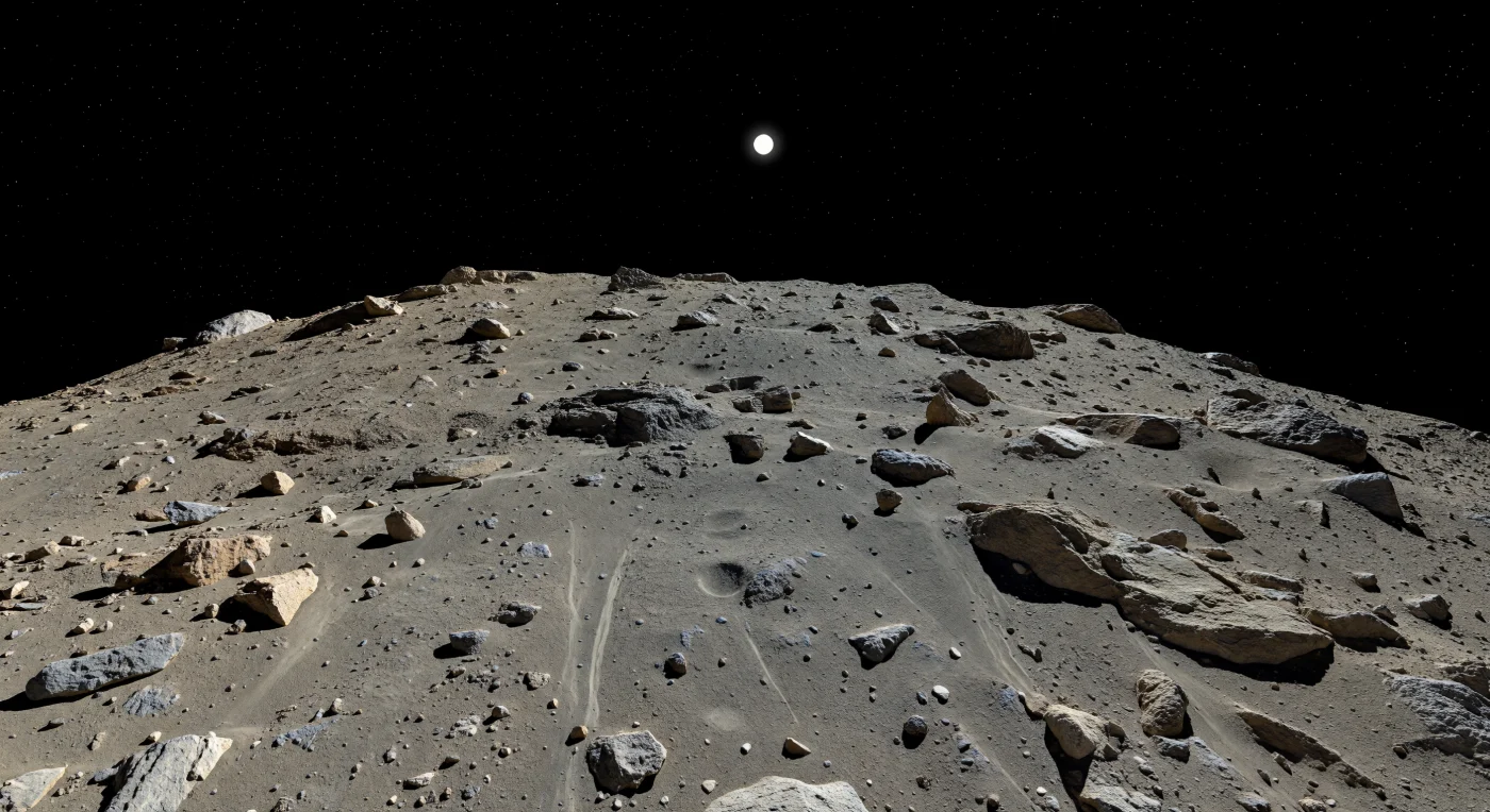 Sous la crête basse, une pente étonnamment raide est drapée de régolithe silicaté gris fauve et beige sourd, accumulé en traînées étroites, en poches lisses et en minces tabliers qui se faufilent entre des dalles rocheuses plus sombres, des blocs chondritiques anguleux et quelques rochers perchés comme s’ils tenaient à peine dans cette gravité infime. La lumière rasante d’un Soleil dur découpe chaque grain, chaque éclat frais, chaque petite fosse d’impact et chaque rainure du terrain avec des ombres noires et nettes, sans la moindre douceur atmosphérique, tandis que le sol semble à la fois immobile et prêt à glisser au moindre trouble. Plus loin, le relief chute rapidement vers un horizon très proche et fortement courbé, révélant un paysage miniature de crêtes, de rebords de cratères, de champs de blocs et d’« étangs » de régolithe façonné par des milliards d’années d’impacts sur un corps rocheux sec, sans air, sans glace et sans liquide. On a l’impression de se tenir sur une minuscule montagne dérivant dans le vide, où même les pierres semblent en suspens dans un silence cosmique absolu.