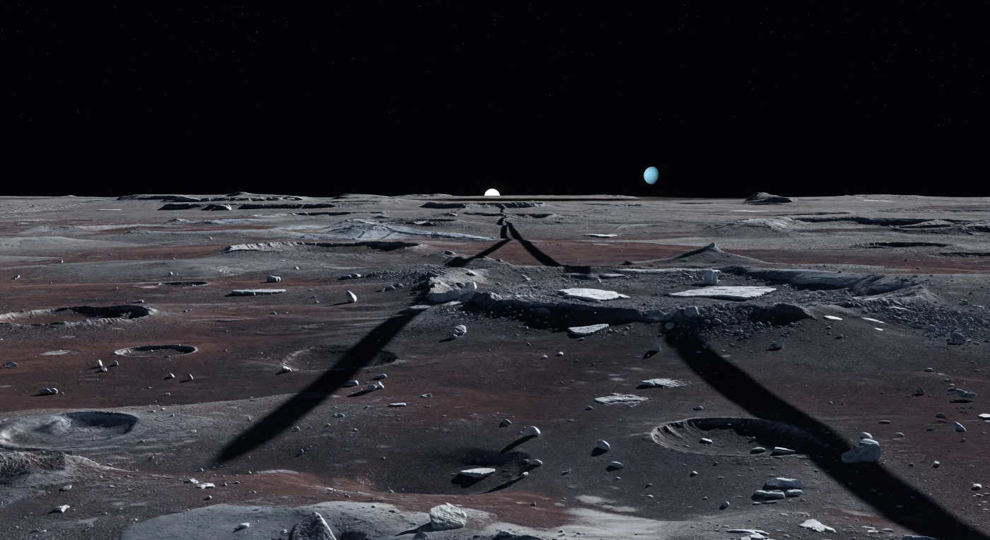 À hauteur du sol, une plaine polaire criblée d’impacts s’étire en ondulations gris anthracite presque monochromes, où de modestes rebords de cratères, des rides tectoniques glacées et des blocs anguleux projettent des ombres noires d’une longueur démesurée sur des kilomètres. Le sol, mélange ancien de glace d’eau, de roche et de poussière sombre légèrement teintée de roux par l’irradiation, paraît durci par le gel et semé d’éjectas fracturés, tandis que quelques cassures fraîches révèlent par endroits une glace plus propre et plus claire. Comme il n’existe ici pratiquement aucune atmosphère, le ciel reste d’un noir absolu jusque sur l’horizon, sans lueur crépusculaire, et le minuscule Soleil rasant découpe chaque relief avec une netteté implacable, accentuant le contraste entre surfaces ardoise faiblement éclairées et abîmes d’ombre. Au loin, un petit disque cyan pâle suspendu dans le vide rappelle l’échelle du système, tandis que l’immense silence, la très faible gravité et l’extrême ancienneté de cette croûte glacée donnent l’impression de se tenir sur un désert fossilisé hors du temps.