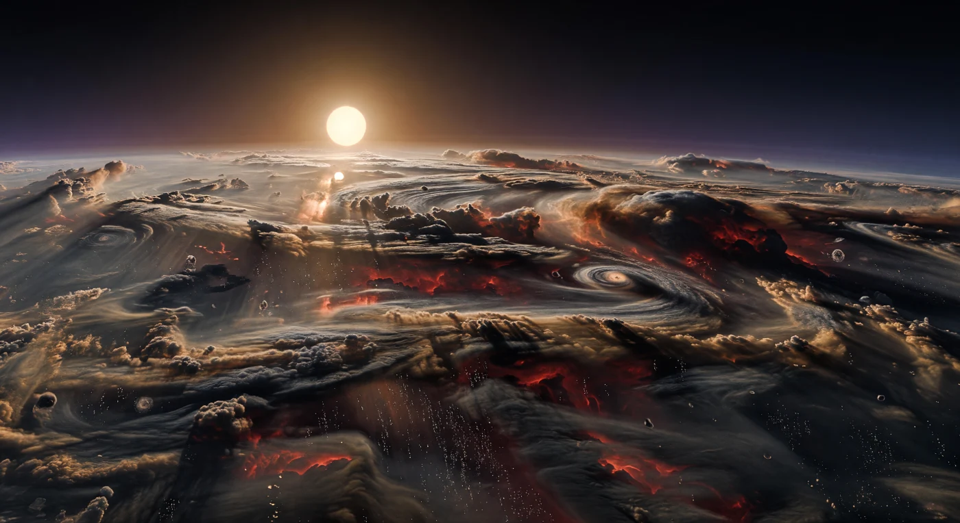 À cette frontière éternelle entre le jour et la nuit, aucun sol ne s’étend sous le regard : seulement un immense plateau de nuages sombres et de brumes métalliques, plissé de ravins béants qui s’ouvrent sur des couches atmosphériques plus chaudes, tandis qu’au loin se dresse une muraille titanesque de tours nuageuses étirées, de vortex cuivre-gris et de filaments cisaillés par des vents de plusieurs kilomètres par seconde. Sur l’horizon éclairé, l’étoile blanche-jaune reste figée très bas, déformée par une brume bronze doré qui diffuse une lueur brûlante en reflets d’acier sur les sommets des nuages ; à l’opposé, le ciel bascule presque d’un coup vers l’indigo puis le noir, marquant avec une netteté saisissante la géométrie verrouillée de ce monde. Ici, tout ce qui ressemble à un paysage n’est qu’architecture atmosphérique dans l’enveloppe gonflée d’une géante gazeuse ultra-chaude : des gaz chauffés à l’extrême sur l’hémisphère diurne y transportent des métaux vaporisés qui se refroidissent au terminateur, se condensent en nuages minéraux et commencent à tomber sous forme de gouttes riches en fer du côté nocturne. L’ensemble paraît démesuré et violent, comme si l’on flottait au bord d’une falaise de tempête haute de milliers de kilomètres, au milieu d’une pluie de métal naissante, de remous planétaires et d’une obscurité qui avale peu à peu la lumière.