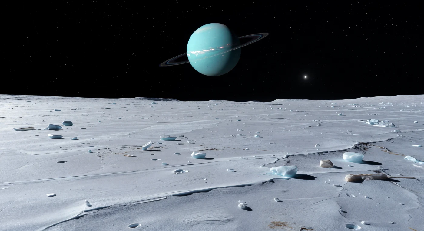 Depuis cette plaine lisse et glacée, le sol ondule à peine sous une croûte de glace d’eau très réfléchissante, striée de faibles rainures tectoniques, de petites failles, de craquelures polygonales et de quelques cratères nets que la faible gravité laisse étonnamment aigus. Au-dessus de l’horizon, un immense disque aigue-marine emplit le ciel noir absolu, traversé par une ligne gris pâle d’une finesse saisissante : un système d’anneaux vu presque exactement par la tranche, rendu d’autant plus irréel par l’absence quasi totale d’atmosphère. La lumière du Soleil, minuscule et lointain, est faible mais crue, arrachant des reflets froids aux givrures blanches et projetant sous chaque bloc de glace des ombres noires, sans diffusion ni brume pour adoucir la scène. Ce paysage révèle un monde de glace et de roche remanié autrefois par l’échauffement interne et la tectonique, puis figé dans le vide, immense, silencieux et d’une netteté presque inhumaine.