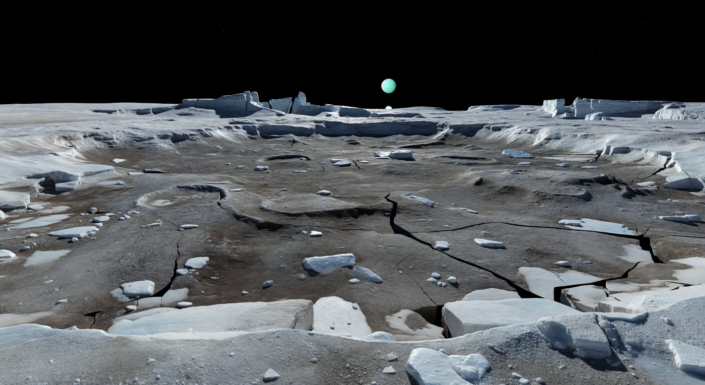 Devant vous s’étend une vaste cuvette presque plane, où un régolithe glacé gris fumé à brun gris, assombri par l’irradiation, recouvre un socle dur de glace d’eau et noie à moitié de vieux reliefs — rides discrètes, rebords de cratères adoucis, blocs anguleux figés dans le froid. De fines fissures noires, bien plus jeunes, entaillent ce terrain ancien en réseaux ramifiés; leurs parois fraîchement rompues laissent parfois voir une glace plus propre, blanc bleuté, tandis que les marges du bassin se relèvent en croûtes plus claires, givrées, dessinant une mosaïque d’albédo entre plaines sombres altérées et surfaces récemment exposées. Ce contraste raconte une histoire géologique de fracturation tectonique, de resurfaçage partiel et de vieillissement radiatif dans un monde sans atmosphère, où le Soleil minuscule rase l’horizon et projette des ombres d’une netteté implacable dans chaque faille. Sous ce ciel noir absolu, avec le grand disque cyan-vert suspendu au-dessus des crêtes lointaines, l’immensité silencieuse du paysage prend une échelle presque irréelle, comme si l’on se tenait au bord d’une fracture ouverte dans la mémoire glacée du satellite.