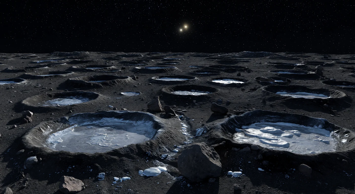 Sous vos pieds s’étend un haut plateau stérile de régolithe basaltique gris anthracite, où des dizaines de cratères d’impact aux arêtes vives se chevauchent jusqu’à l’horizon, leurs parois abruptes encombrées de blocs anguleux, de brèches fracturées et de poussière noire presque absorbante. Au fond des dépressions plongées dans une ombre permanente, le gel de composés volatils et la glace survivant dans ces pièges froids dessinent des nappes lisses ou morcelées d’un bleu argenté, parcourues de fines fissures polygonales et de givres cristallins qui accrochent à peine la faible lumière stellaire. En l’absence d’atmosphère, aucun vent ni aucune eau liquide n’adoucit le relief : seules les cicatrices d’impacts, lentement retouchées par les micrométéorites, demeurent intactes sous un ciel parfaitement noir, saturé d’étoiles, où Alpha Centauri A et B brillent comme un double phare blanc-or. Depuis le bord d’un sentier descendant le long d’une lèvre de cratère, entre quelques grands rochers du premier plan et les chaînes de bassins lointains englouties dans l’obscurité, l’immensité glacée et silencieuse prend une échelle presque vertigineuse.