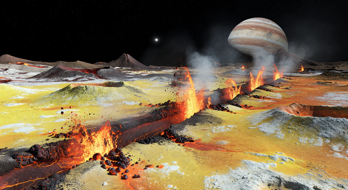À hauteur du sol, une vaste plaine volcanique jaune soufre, nuancée d’orange, de blanc givré et de poussière noire, est tranchée en diagonale par une fissure toute récente d’où jaillissent des fontaines de lave en arcs incandescents, orange vif à cœur jaune-blanc, retombant en bombes et en gerbes autour d’un chapelet de bouches sombres. Le contraste est saisissant : sous une lumière solaire dure qui projette des ombres nettes sur le givre de dioxyde de soufre, la croûte silicatée noire et les fragments basaltiques brillants rougeoient au bord de la fracture, tandis qu’un voile local de gaz SO₂ et de poussières pyroclastiques, à peine translucide, ne flotte qu’au voisinage immédiat de l’éruption, laissant le reste du ciel d’un noir presque absolu. Ce paysage révèle un monde rocheux chauffé de l’intérieur par d’intenses forces de marée, où la surface est sans cesse renouvelée par un volcanisme extrême, ce qui explique la rareté des cratères d’impact et la mosaïque de jaunes, rouges, noirs et blancs qui s’étend jusqu’aux dépressions de type patera et aux montagnes abruptes de l’horizon. Dans cette faible gravité, chaque jet semble monter plus haut et durer plus longtemps qu’il ne le ferait sur Terre, donnant à la scène une grandeur irréelle, comme si l’on se tenait au bord d’une blessure lumineuse ouverte dans une croûte étrangère et presque sans air.