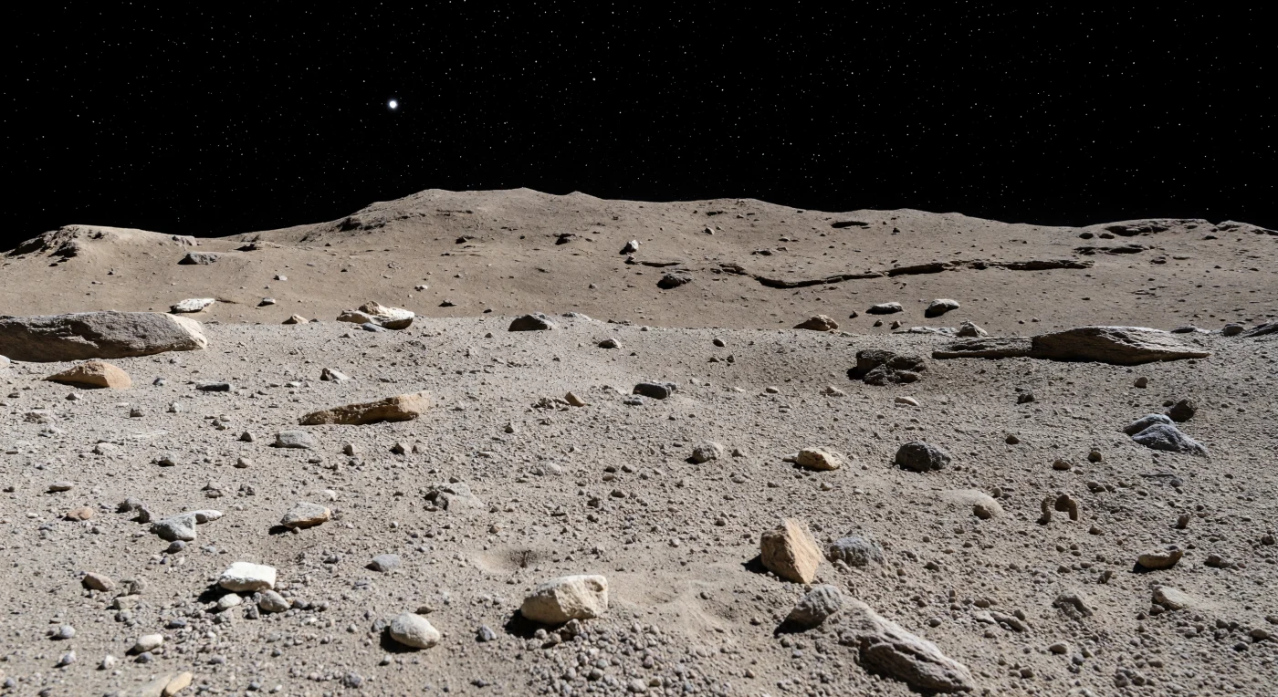 À cette échelle de descente, le sol paraît presque à portée de main : une mosaïque de poussière beige gris, de fins silicatés, de graviers écrasés et de petits blocs anguleux plus sombres, partiellement noyés dans un régolithe sec où chaque arête projette une ombre noire d’une netteté absolue. Cette surface, façonnée par d’innombrables impacts, montre un tri subtil des matériaux — la poussière s’accumule entre les clastes rugueux, de minuscules cuvettes et des fragments fracturés de roche affleurent, tandis que quelques cailloux semblent simplement posés là, signe d’une gravité extraordinairement faible. Plus loin, le terrain se bombe puis s’interrompt vite sur un horizon très proche et sensiblement courbe, ponctué de petites dépressions d’impact, d’ondulations de régolithe et de fines fractures linéaires qui trahissent une géologie plus vaste que ce champ de cailloux. Au-dessus, aucun ciel : seulement le vide noir piqué d’étoiles nettes en plein jour, sous une lumière solaire dure et sans atmosphère, qui donne à ce paysage minéral l’étrangeté saisissante d’une montagne minuscule suspendue dans l’espace.