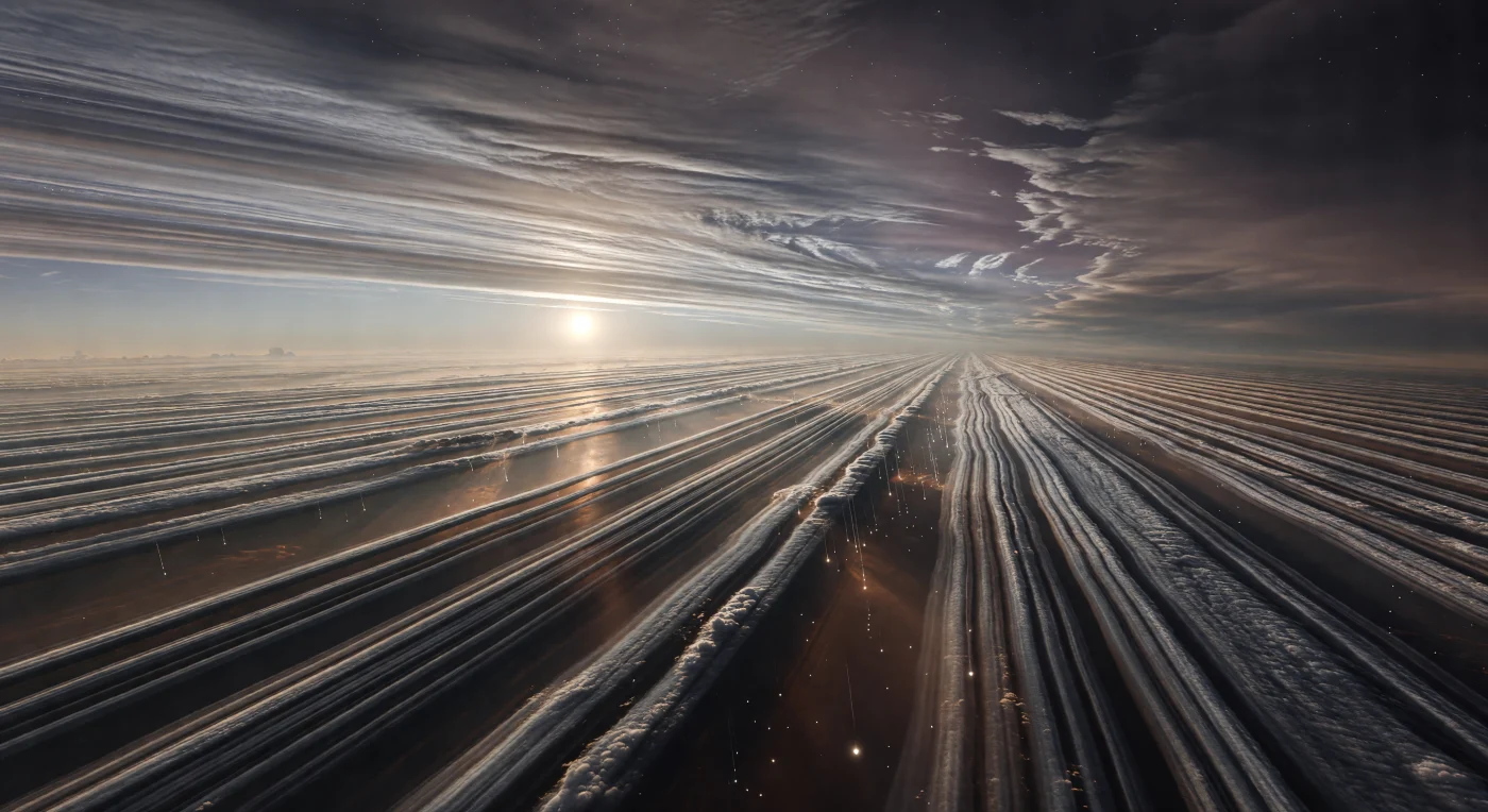 Suspendu au cœur d’un corridor de jet d’altitude, le regard suit jusqu’à l’horizon des milliers de kilomètres de rubans nuageux parfaitement étirés, gris argent, bronze et acier sombre, ciselés en bandes laminaires, trains d’ondes de cisaillement et profondes tranchées de gaz incandescent translucide. Ici, il n’existe aucun sol : seulement les couches supérieures d’une géante gazeuse ultra-chaude verrouillée gravitationnellement, où des vents d’est de plusieurs kilomètres par seconde transportent des vapeurs minérales et du fer arrachés au côté brûlant vers la zone plus fraîche du crépuscule permanent. Sous la lumière blanche-jaune, rasante et implacable de l’étoile, basse sur l’horizon, chaque filament prend un éclat métallique, tandis que de fines rideaux de pluie de fer liquide tombent par endroits vers les profondeurs cuivrées et charbonnées de l’atmosphère. La scène a l’ampleur d’un continent et l’étrangeté d’une mer sans eau : des falaises de nuages hautes de dizaines de kilomètres émergent d’une brume de vapeur ferrifère, entre un ciel pâle d’or blanchi côté jour et des ténèbres violettes, fumées et presque noires côté nuit.
