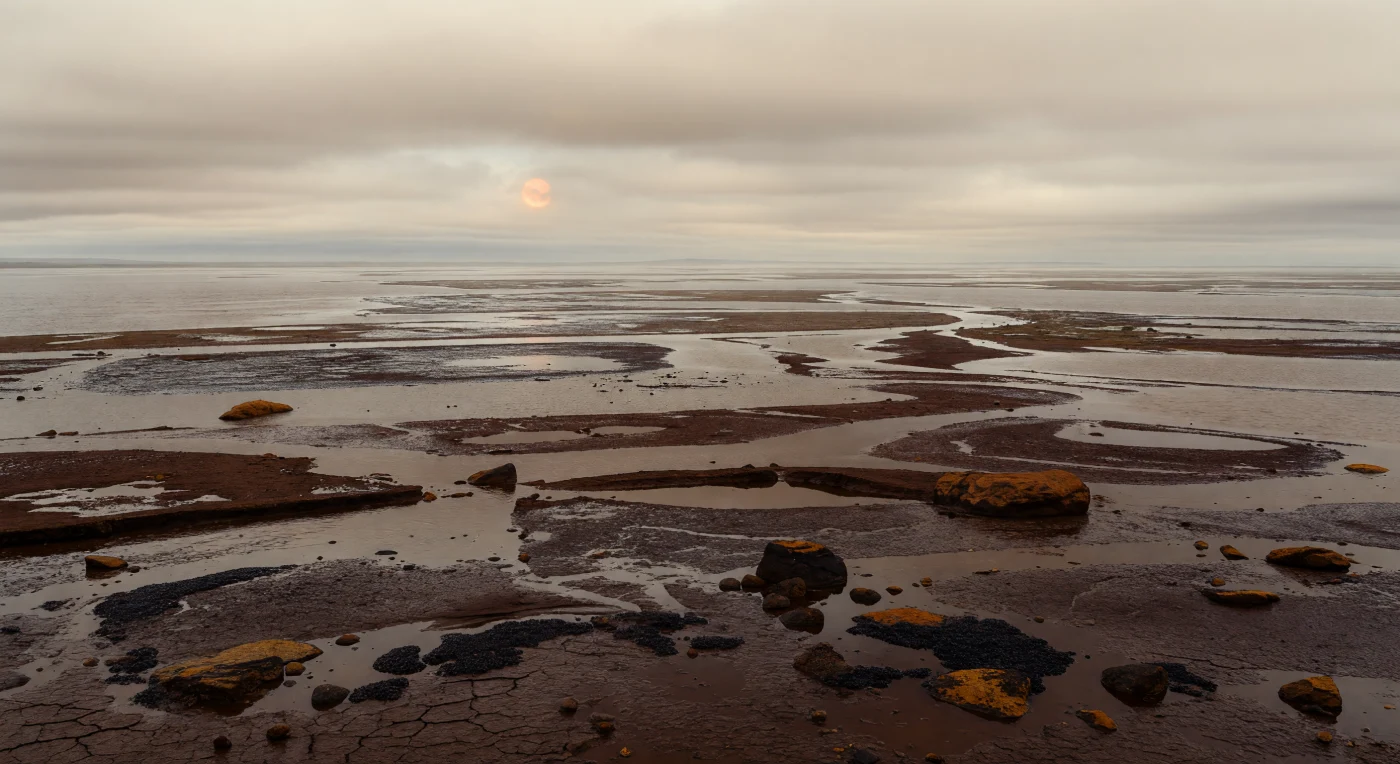 À hauteur du sol, une plaine continentale noyée s’étire jusqu’à se perdre dans la brume, découpée en chenaux peu profonds brun argenté, lagunes saumâtres entrelacées, vasières lisses et bancs de boue sombre luisant sous une lumière ambrée étouffée. Le terrain, presque parfaitement plat mais modelé par de faibles levées sinueuses, des berges ravinées et quelques blocs de basalte altéré ou de grès taché de fer, évoque un monde rocheux plus massif que la Terre, où une gravité un peu plus forte et des sédiments silicatés gorgés d’eau façonnent un immense paysage amphibie. Dans la boue d’ombre ombrée, on distingue des fentes de dessiccation à demi effacées par une crue récente, des galets arrondis, des dépôts limoneux riches en argile et de petits amas noirâtres rappelant des tapis microbiens, adaptés à capter la lumière plus faible filtrée par l’épaisse couverture nuageuse. Au-dessus, un plafond uniforme de stratus crème et gris diffuse l’éclat orangé de l’étoile invisible en un jour froid mais doucement chaud, presque sans ombres, tandis que le brouillard avale l’horizon et donne à ces mers intérieures marécageuses une immensité silencieuse, étrangère et pourtant géologiquement crédible.