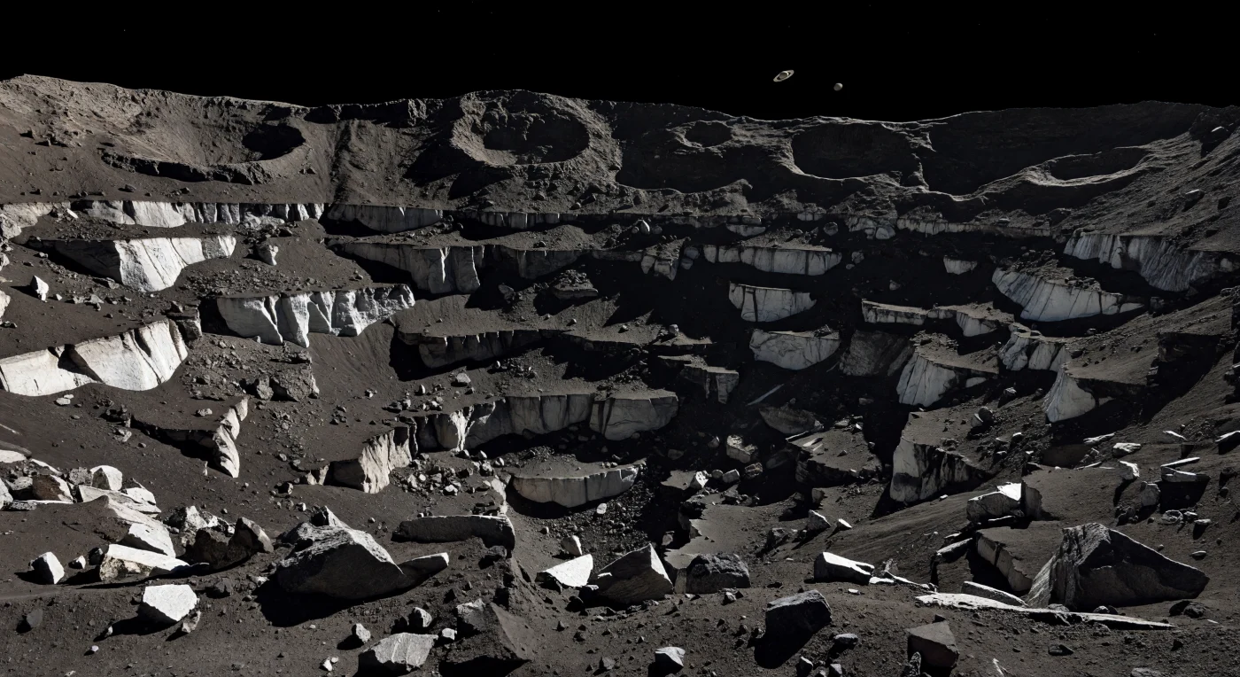 Depuis le flanc d’un vaste cratère, le terrain s’effondre en terrasses fracturées qui descendent par gradins irréguliers, jonchés de blocs anguleux de plusieurs mètres, de brèches d’impact et d’une poussière noire drapée sur les marches. Les escarpements sombres, riches en matériaux carbonés, sont déchirés par des affleurements plus clairs où apparaissent des mélanges de roche et de glace d’eau, en traînées gris pâle à blanc sale, révélés par les glissements de terrain et les impacts dans cette croûte primitive. Sous un Soleil minuscule mais d’une dureté implacable, l’absence totale d’atmosphère creuse entre les gradins des bandes d’ombre d’un noir absolu, si profondes qu’aucun détail n’y subsiste, tandis que les reliefs gardent des arêtes étonnamment nettes dans une gravité infime. Au loin, des rebords déchiquetés, des cratères emboîtés et des plaines bosselées montrent un monde irrégulier, violemment bombardé, où l’ampleur du relief semble démesurée par rapport à la petite taille de cet antique corps capturé des confins du Système solaire.