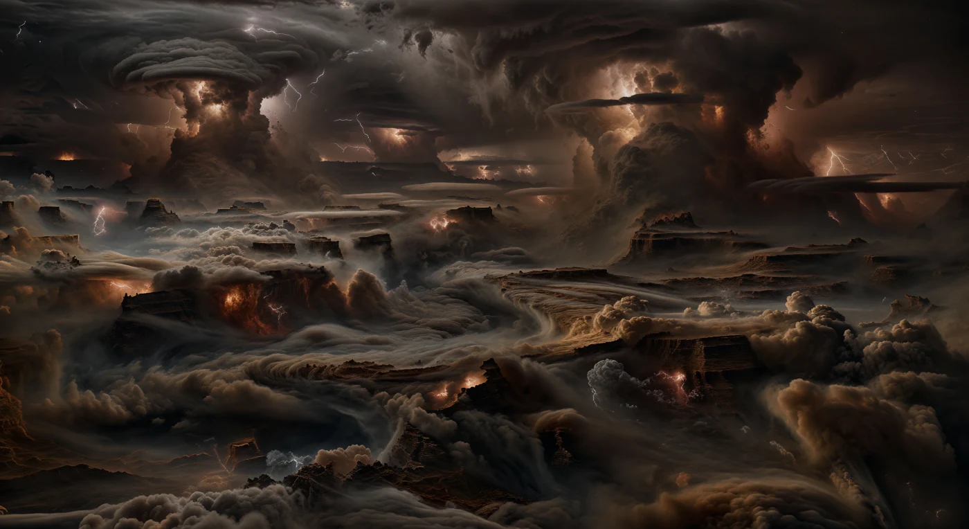 Dans cette couche atmosphérique profonde, on a l’impression de flotter au cœur d’un bassin d’orage sans fond, où d’immenses escarpements nuageux ombre, bronze et noir de suie se dressent comme des falaises et des mesas de vapeur dans une brume épaisse. Aucun sol, aucun océan, aucun horizon net n’existe ici : seulement une topographie météorologique tridimensionnelle sculptée par des bandes zonales, des colonnes convectives, des étagères nuageuses festonnées, des gouffres noyés de brouillard et des rideaux de brume plus sombre qui plongent entre les masses. La composition de l’atmosphère, dominée par l’hydrogène et l’hélium, permet la formation de couches de condensats probablement riches en eau, ammoniaque et hydrosulfure d’ammonium, tandis que des éclairs diffus internes illuminent par intermittence les tours orageuses de l’intérieur, révélant des lueurs orange fumé, cuivre et terre de Sienne derrière les parois presque noires. Entre deux pulsations électriques, l’obscurité redevient écrasante, la pression et l’humidité semblent colossales, et les falaises de vapeur lointaines se perdent dans la pénombre comme un canyon vivant à l’échelle d’un monde géant.