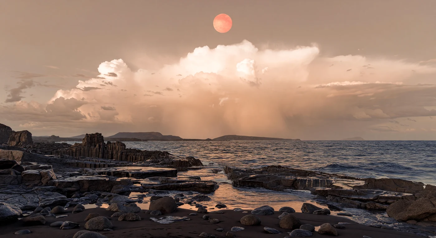 Depuis une rive de basalte noir luisant, entaillée de terrasses de lave fracturées, de vasques de marée et de blocs mafiques arrondis, on regarde un océan mondial d’un bleu fer sombre se soulever en longues houles lourdes sous une lumière cuivrée et pêche. Au-dessus, presque immobile dans le ciel du côté jour permanent, le disque rouge-orangé de l’étoile perce à travers une brume de pluie saumonée, tandis qu’un rempart colossal de nuages convectifs crème et abricot pâle s’élève sur des dizaines de kilomètres, avec enclumes, rideaux de précipitations et étages nuageux serrés. Ce paysage volcanique, probablement façonné par des laves basaltiques, l’érosion marine et une gravité un peu plus forte que celle de la Terre, présente des reliefs bas, compacts et des plates-formes d’abrasion polies par les tempêtes plutôt que de hautes falaises déchiquetées. Tout semble à la fois habitable et étranger: l’air dense diffuse une clarté chaude et tamisée, les roches mouillées renvoient des reflets cuivre-gris, et la démesure des nuages écrase le rivage en rappelant qu’ici le climat est sans doute gouverné par un jour éternel et une circulation atmosphérique titanesque.